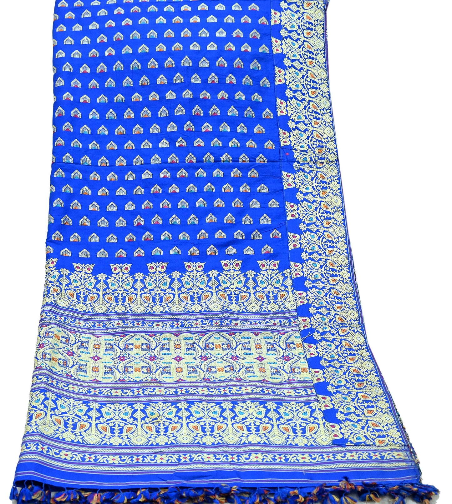 Indian Antique Vintage Heavy Blue Dupatta Pure Silk Long Stole Hand Woven Assam Scarves Veil Scarf Fringes