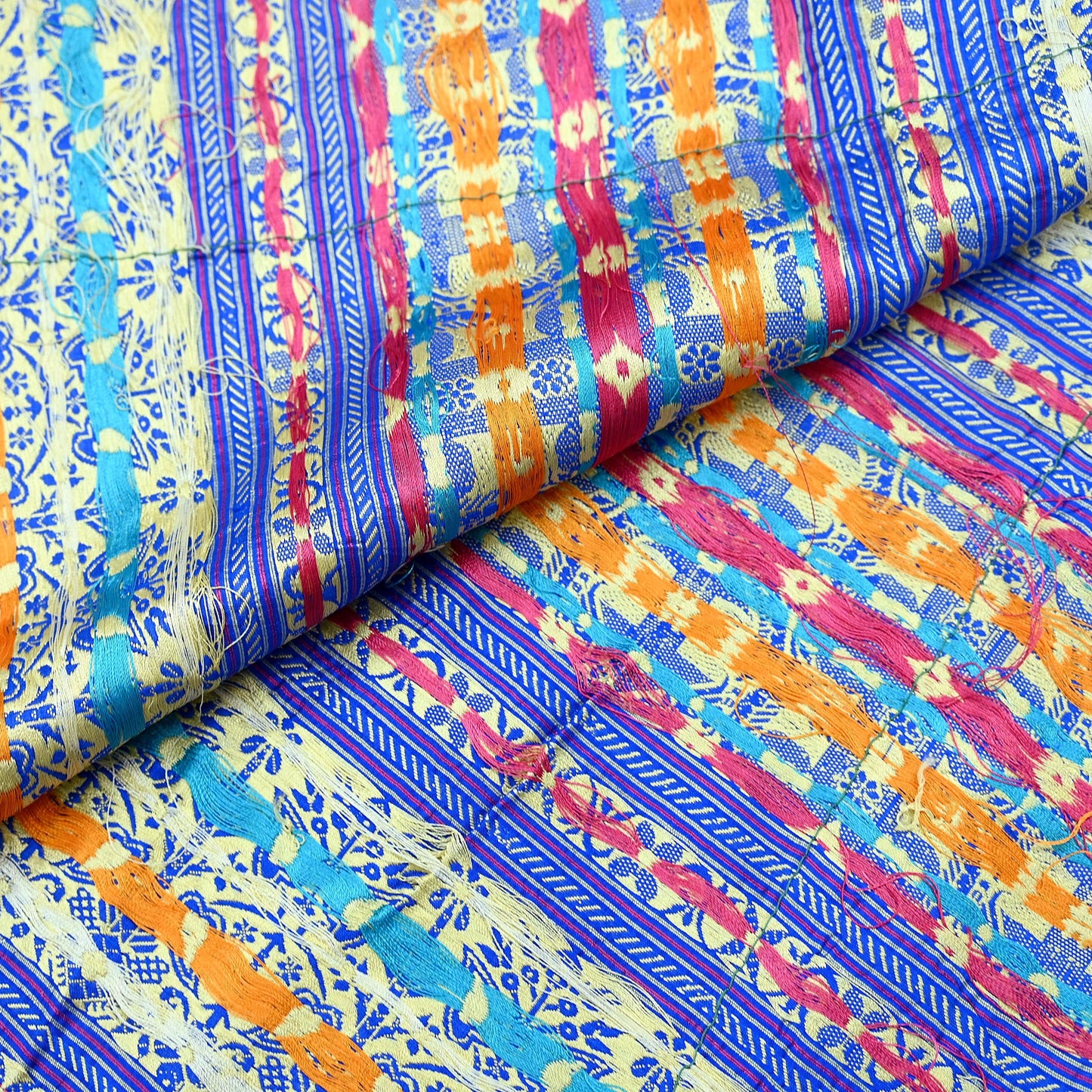 Indian Antique Vintage Heavy Blue Dupatta Pure Silk Long Stole Hand Woven Assam Scarves Veil Scarf Fringes