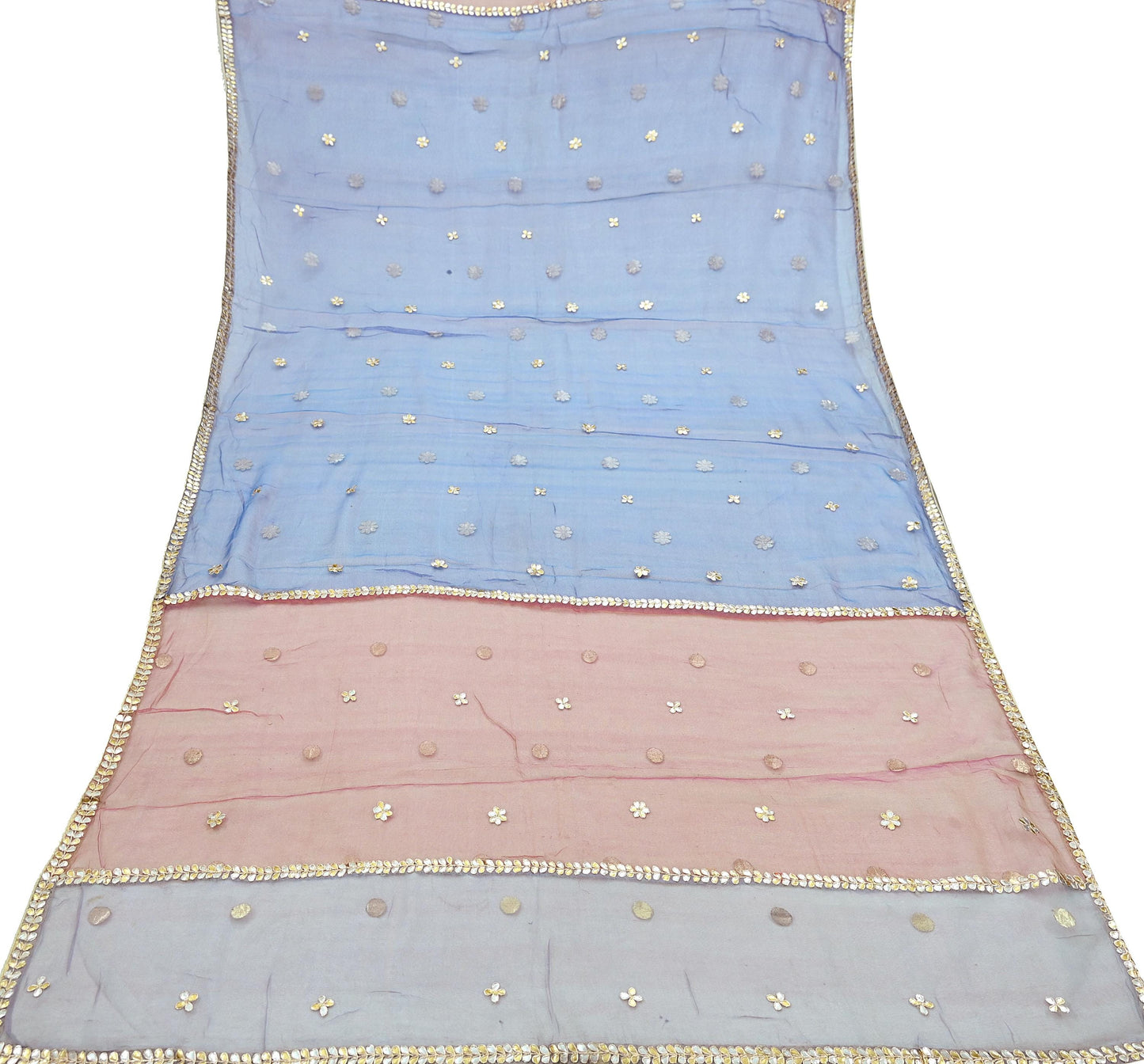 Indian Vintage Blue & Peach Dupatta Net Mesh Long Stole Hand Embroidered Gota Patti Scarves Veil