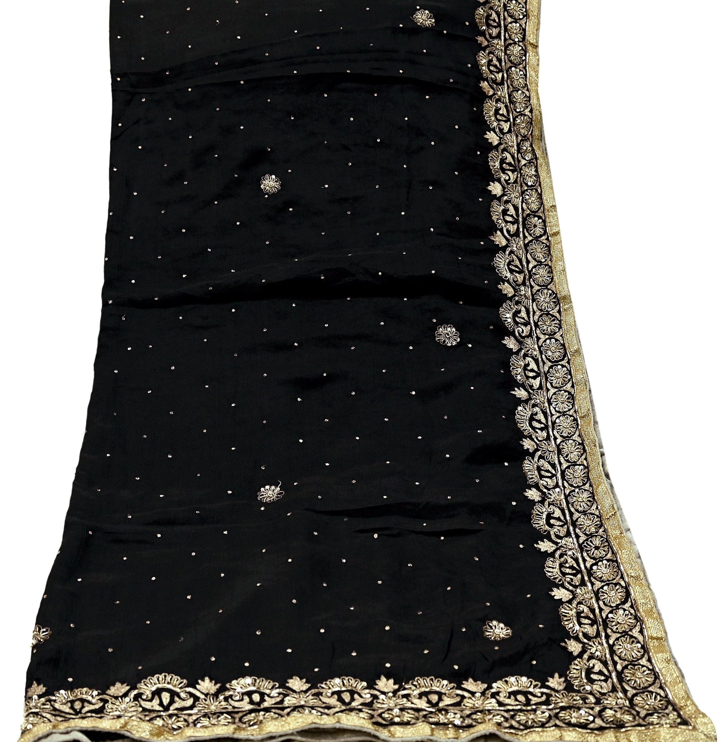 Indian Vintage Black Dupatta Pure silk Long Stole Hand Embroidered Scarves Floral Design Stole Veil Wrap Zari Zardozi