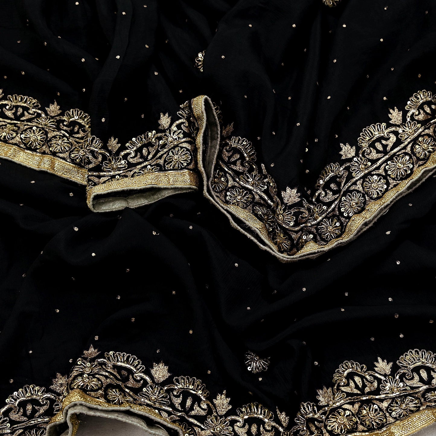 Indian Vintage Black Dupatta Pure silk Long Stole Hand Embroidered Scarves Floral Design Stole Veil Wrap Zari Zardozi