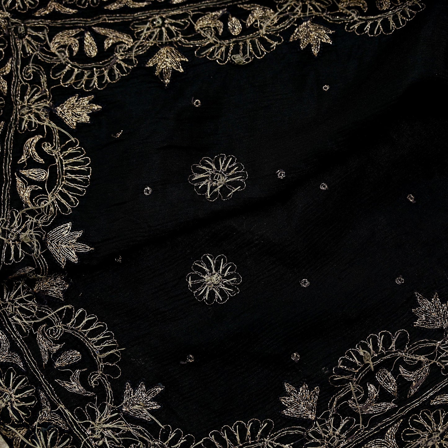 Indian Vintage Black Dupatta Pure silk Long Stole Hand Embroidered Scarves Floral Design Stole Veil Wrap Zari Zardozi