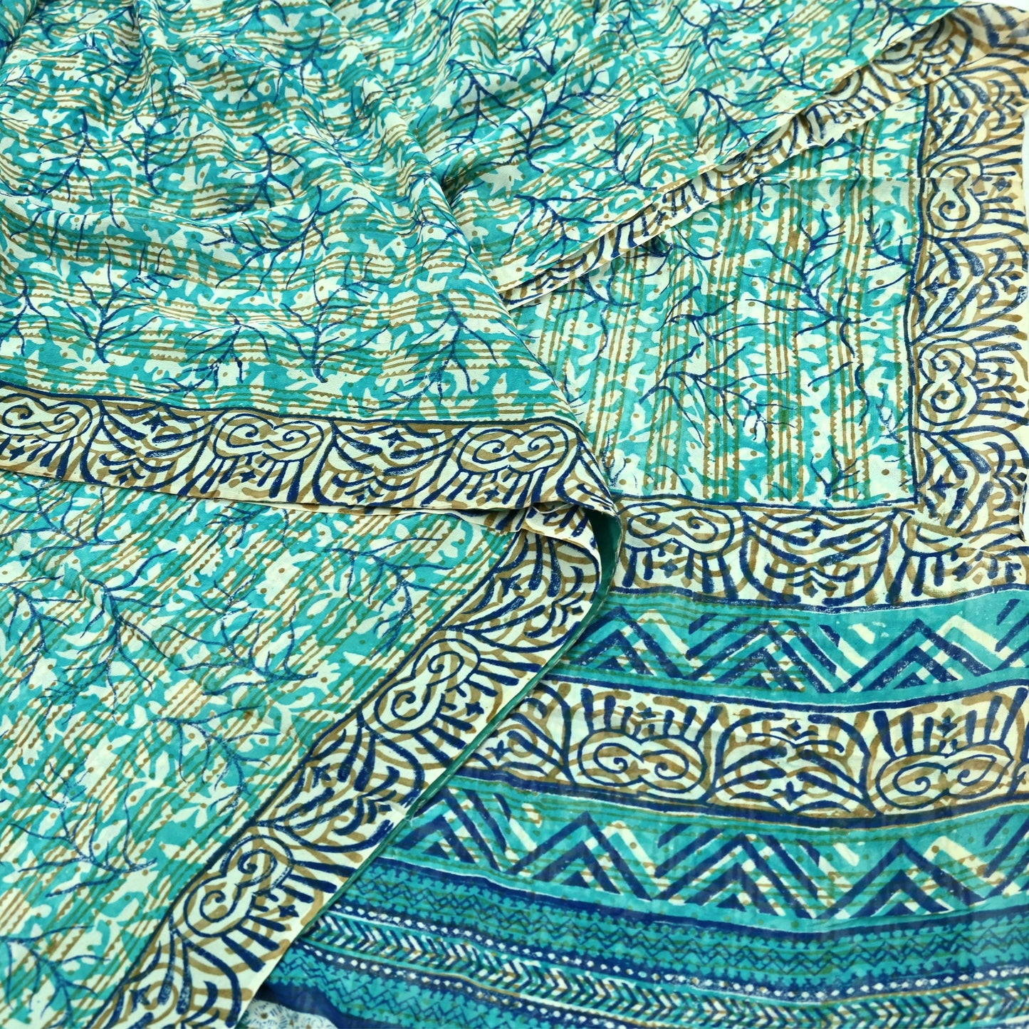 Women Vintage Sari Ivory & Green 100% Pure Georgette Silk Block Printed Saree Craft Fabric Sewing 5Yd Soft Sari Dress Making Quilting