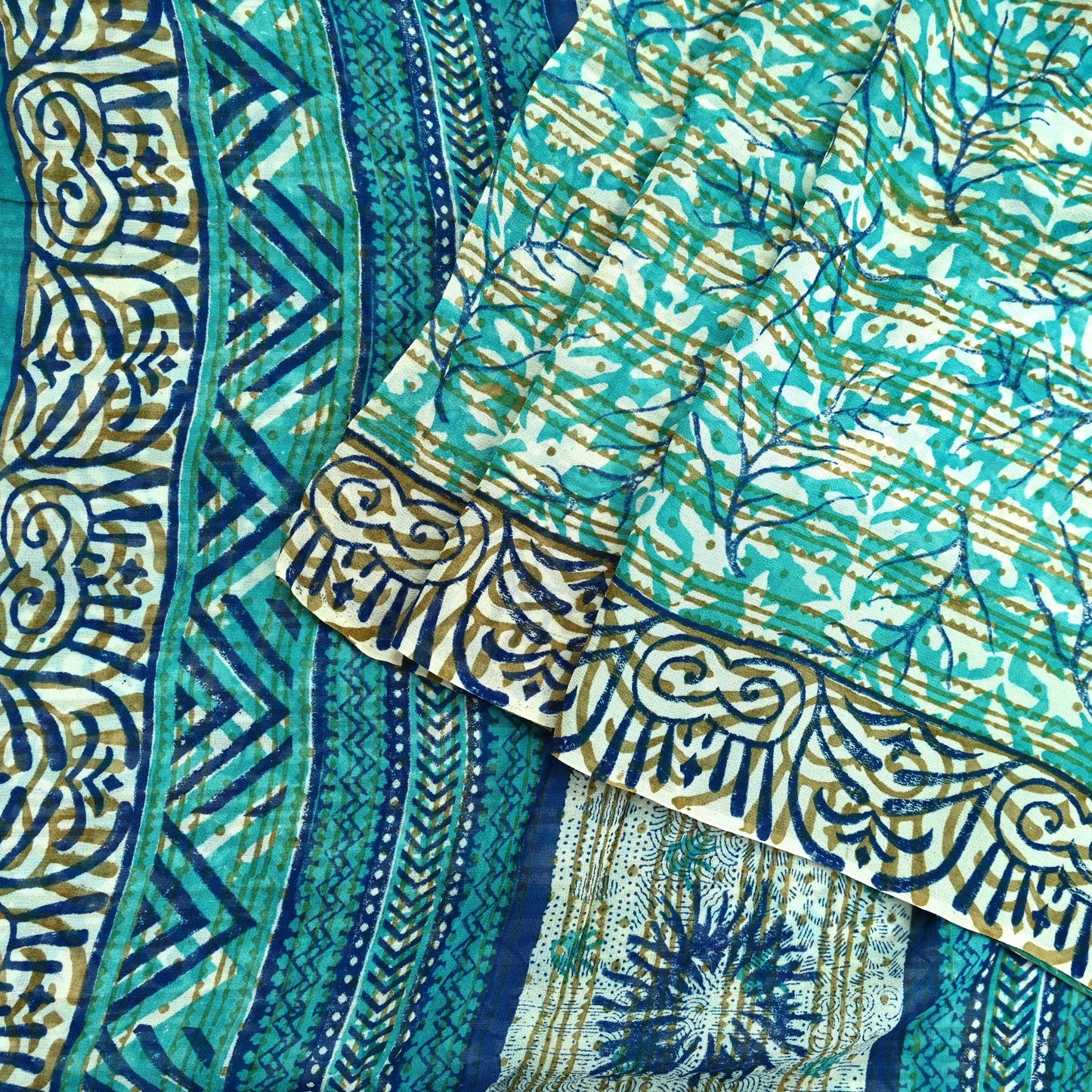 Women Vintage Sari Ivory & Green 100% Pure Georgette Silk Block Printed Saree Craft Fabric Sewing 5Yd Soft Sari Dress Making Quilting