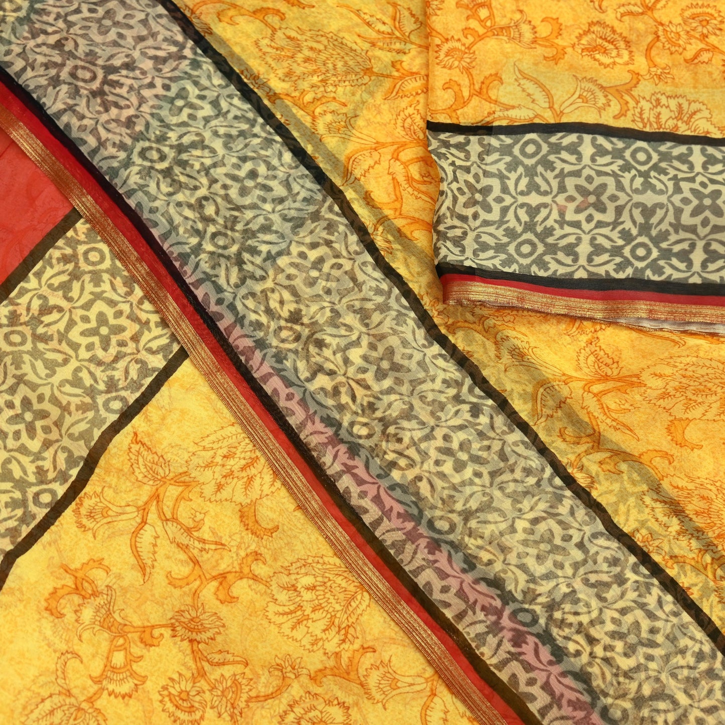 Indian Women Vintage Sari Yellow Blend Chiffon Printed Saree Sewing 5yd Soft Craft Fabric Floral Design Wrap Boho Zari Dress making Crafting