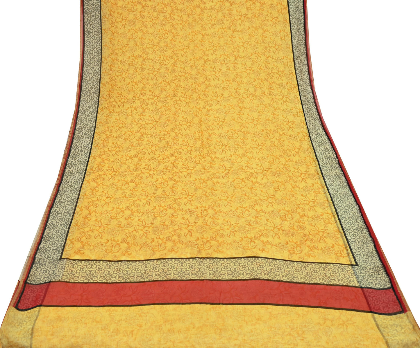 Indian Women Vintage Sari Yellow Blend Chiffon Printed Saree Sewing 5yd Soft Craft Fabric Floral Design Wrap Boho Zari Dress making Crafting