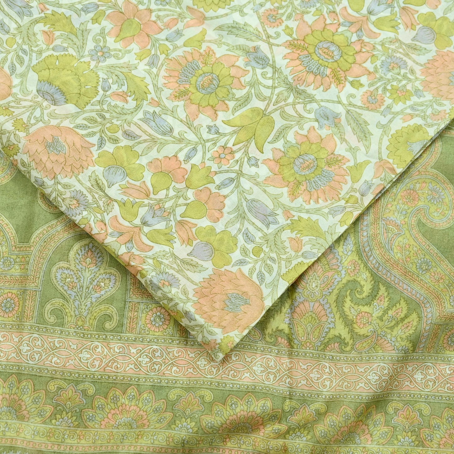 Indian Vintage Ivory & Green Saree Pure Silk Printed Sari 6yd Sewing Craft Fabric Dress Making Soft Crafting Quilting Quilting Upcycle