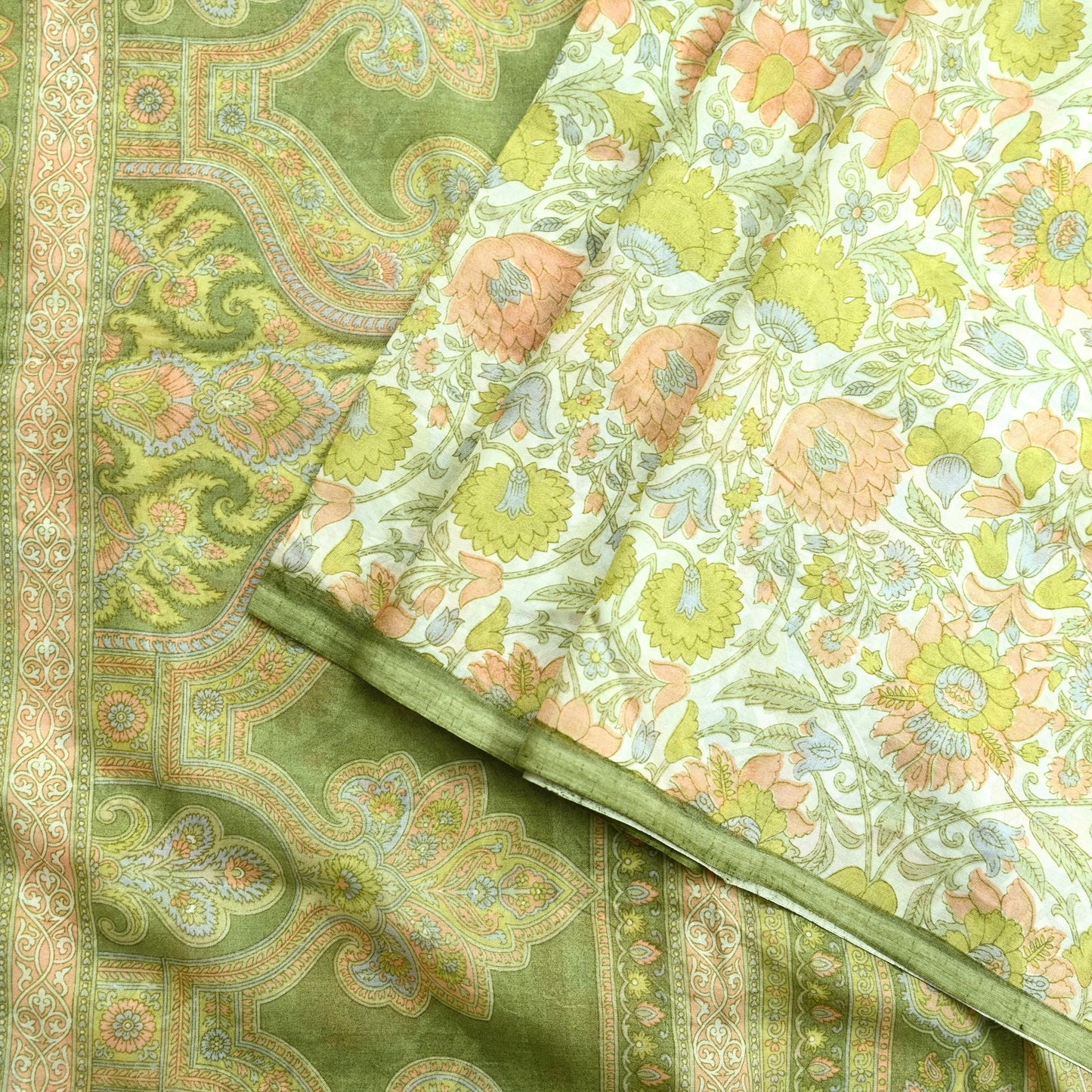 Indian Vintage Ivory & Green Saree Pure Silk Printed Sari 6yd Sewing Craft Fabric Dress Making Soft Crafting Quilting Quilting Upcycle