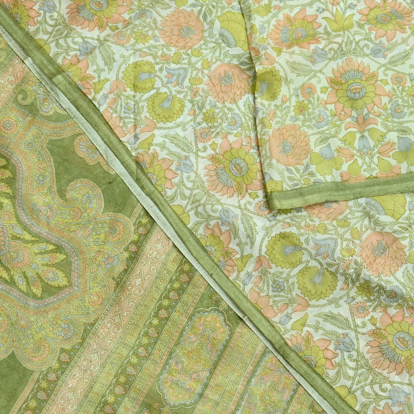 Indian Vintage Ivory & Green Saree Pure Silk Printed Sari 6yd Sewing Craft Fabric Dress Making Soft Crafting Quilting Quilting Upcycle