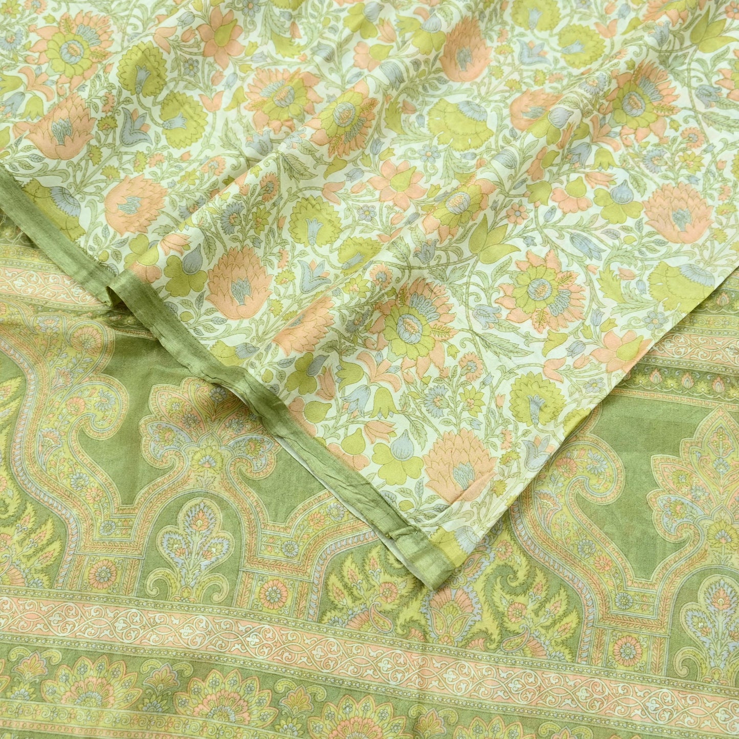 Indian Vintage Ivory & Green Saree Pure Silk Printed Sari 6yd Sewing Craft Fabric Dress Making Soft Crafting Quilting Quilting Upcycle
