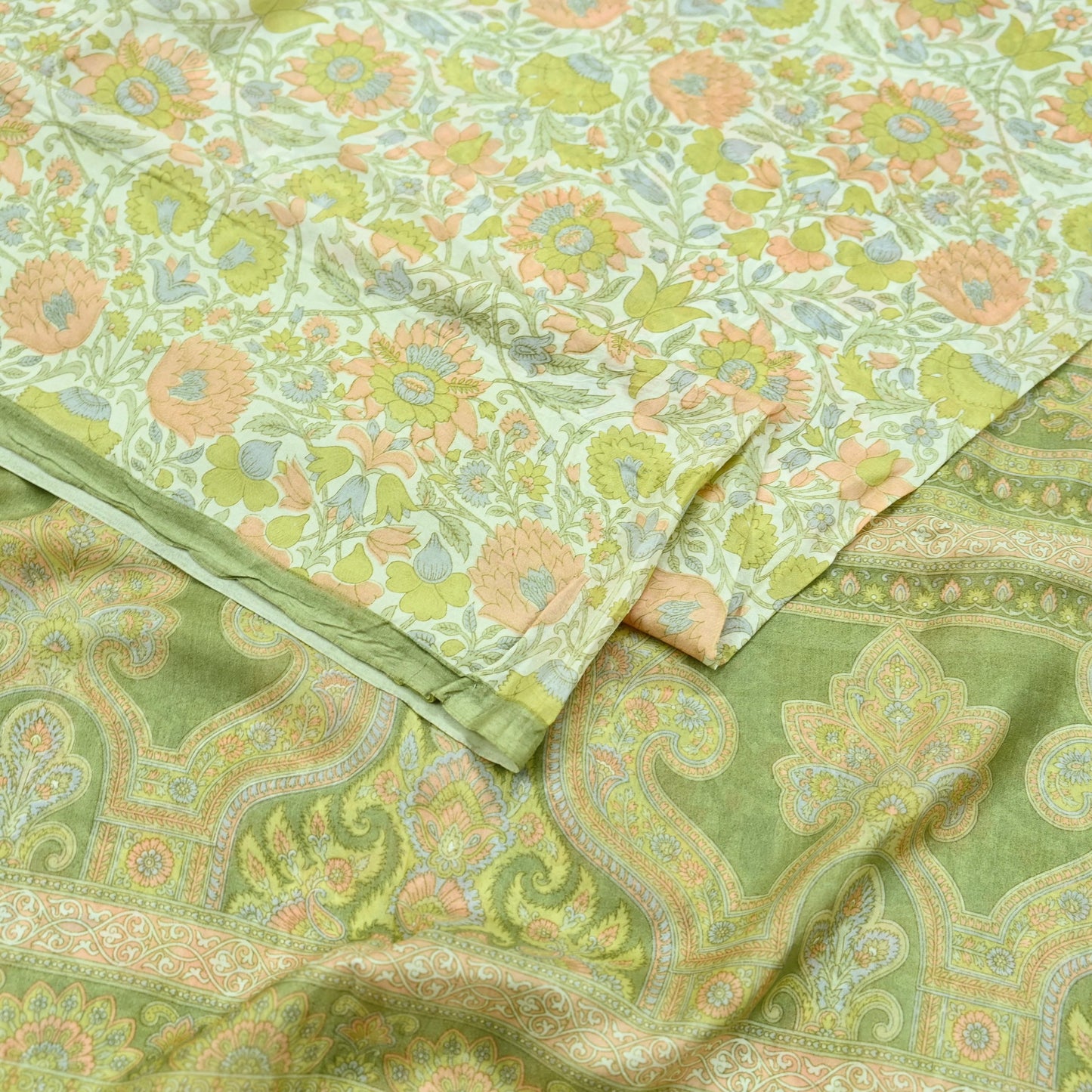 Indian Vintage Ivory & Green Saree Pure Silk Printed Sari 6yd Sewing Craft Fabric Dress Making Soft Crafting Quilting Quilting Upcycle