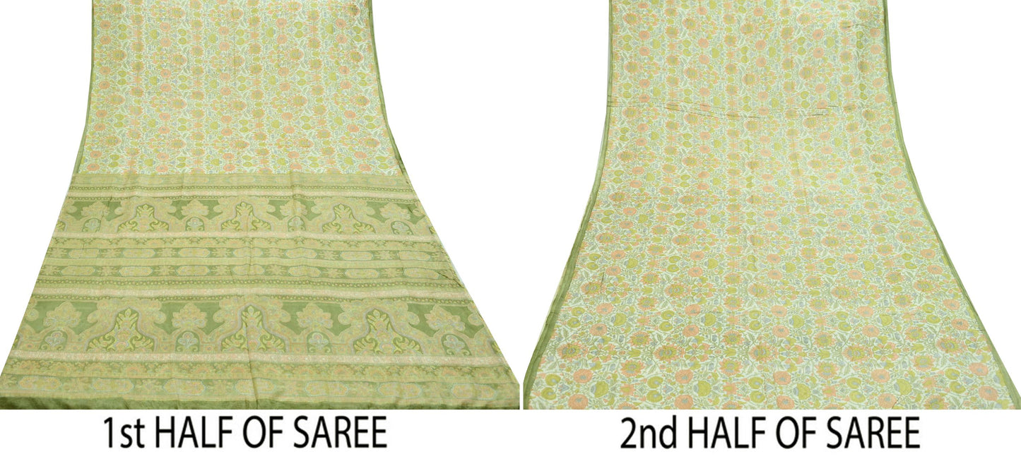 Indian Vintage Ivory & Green Saree Pure Silk Printed Sari 6yd Sewing Craft Fabric Dress Making Soft Crafting Quilting Quilting Upcycle