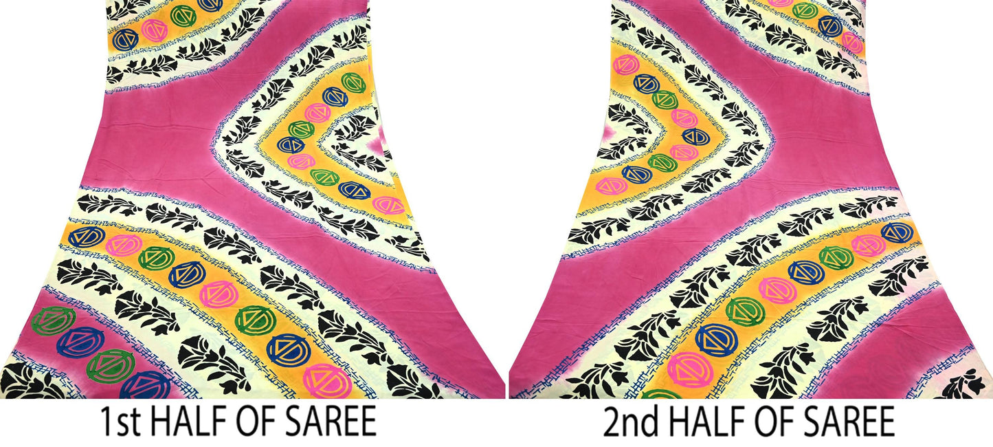 Indian Vintage Sari Ivory & Pink Pure Crepe Silk Printed Saree 5yard Sewing Floral Soft Craft Fabric Wrap Dress making Crafting Quilting