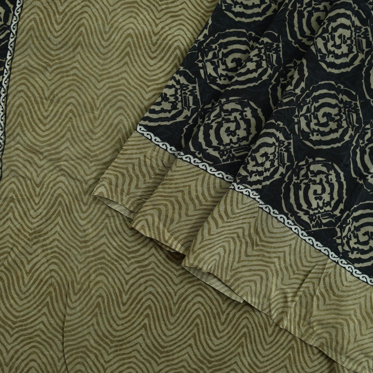 Indian Vintage Sari Green & Black Pure Crepe Silk Printed Sarees 5yd Sewing Floral Soft Craft Fabric Wrap Dress making Crafting Quilting