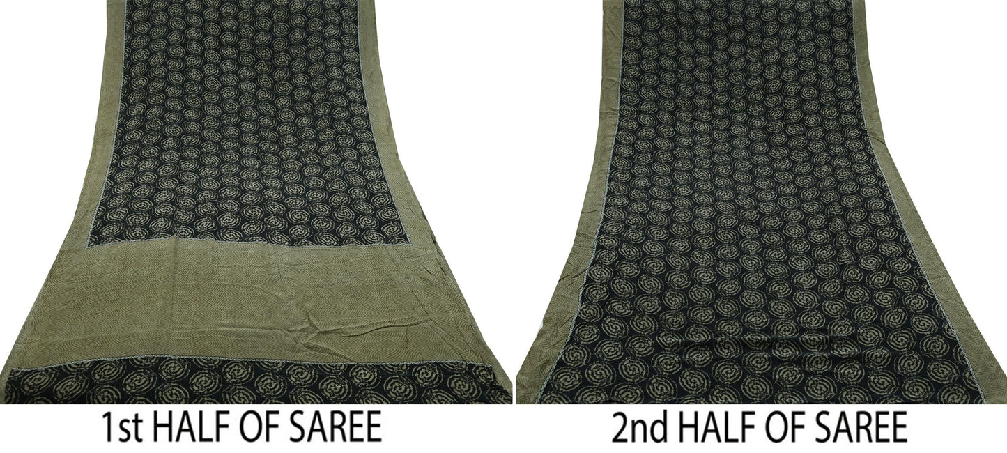 Indian Vintage Sari Green & Black Pure Crepe Silk Printed Sarees 5yd Sewing Floral Soft Craft Fabric Wrap Dress making Crafting Quilting