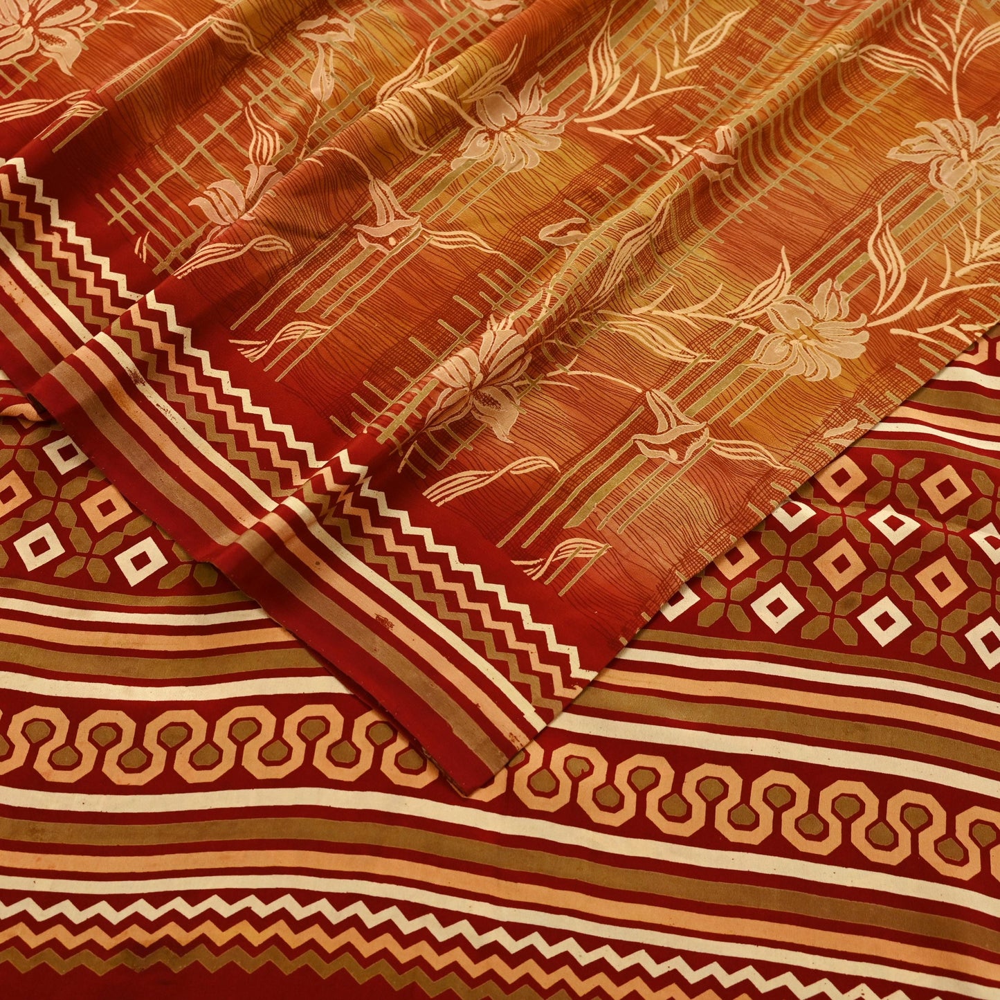 Indian Vintage Sari Pure Crepe Silk Block Printed Saree 5yd Sewing Quilting Floral Soft Craft Fabric Wrap Dress making Crafting Quilting