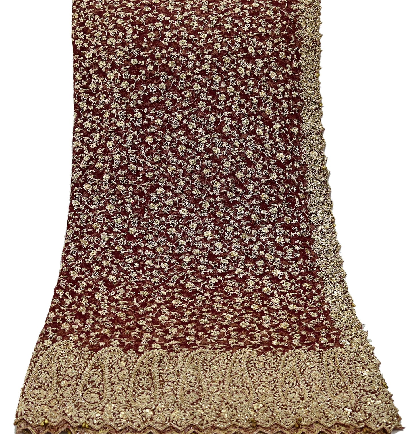 Indian Vintage Heavy Wedding Maroon Dupatta Net Mesh Long Stole Hand Embroidered Scarves Golden Zardozi Zari Sequins Dridal Veil Hijab