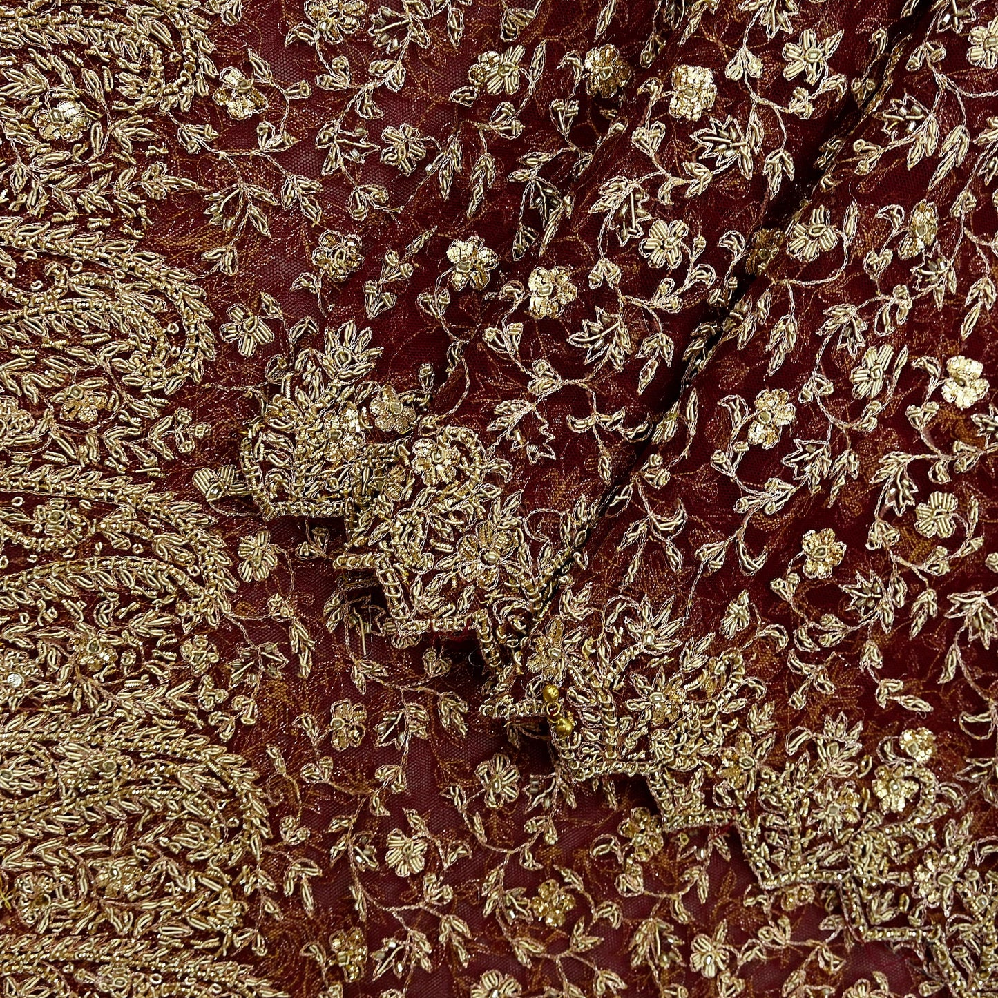 Indian Vintage Heavy Wedding Maroon Dupatta Net Mesh Long Stole Hand Embroidered Scarves Golden Zardozi Zari Sequins Dridal Veil Hijab