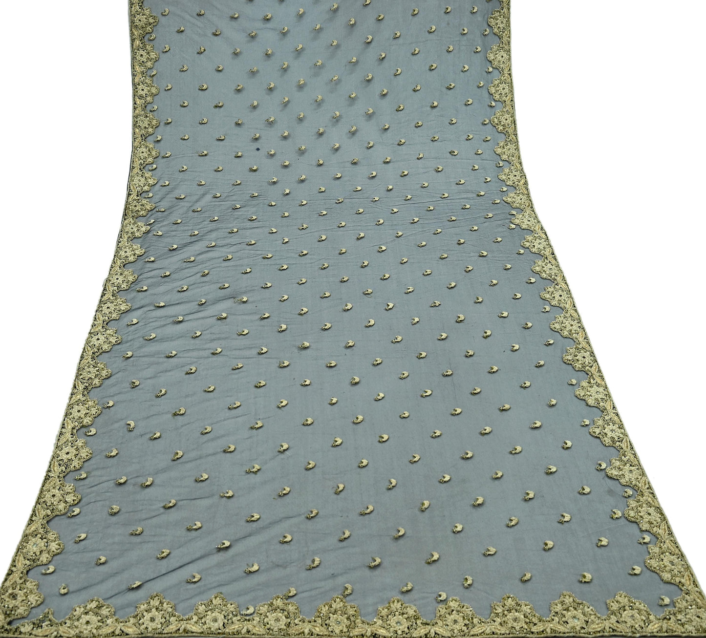Indian Vintage Heavy Blue Dupatta Net Mesh Long Stole Hand Embroidered Scarves Golden Zardozi Dabka Zari Stole Wedding Bridal Veil