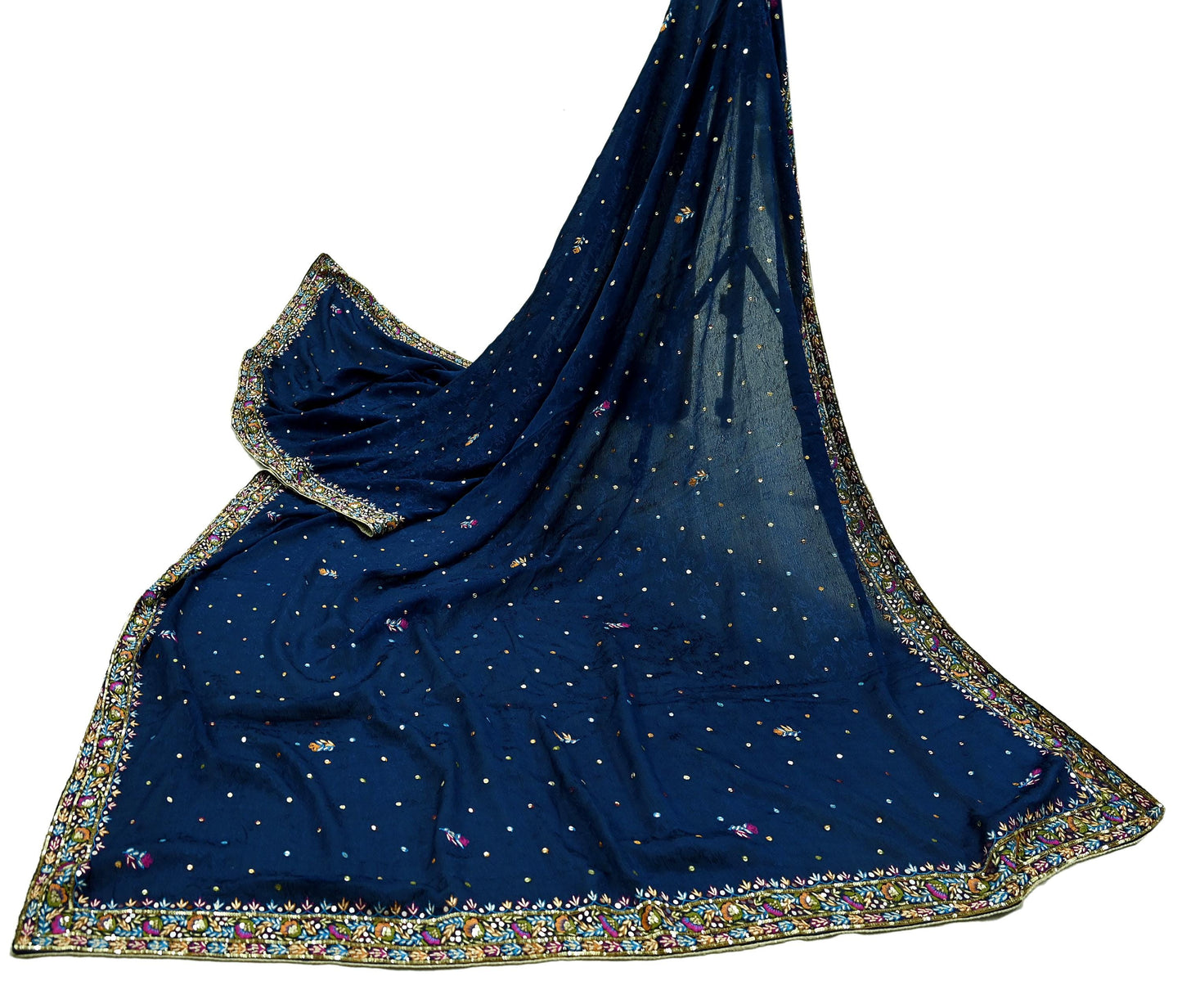 Indian Vintage Blue Dupatta Pure silk Long Stole Hand Embroidered Scarves Floral Design Stole Veil Wrap Zari