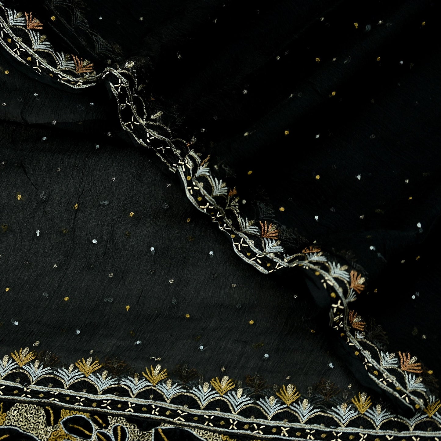 Indian Vintage Black Dupatta Pure Chiffon silk Long Stole Hand Embroidered Scarves Floral Design Stole Veil Wrap Zari Zardozi