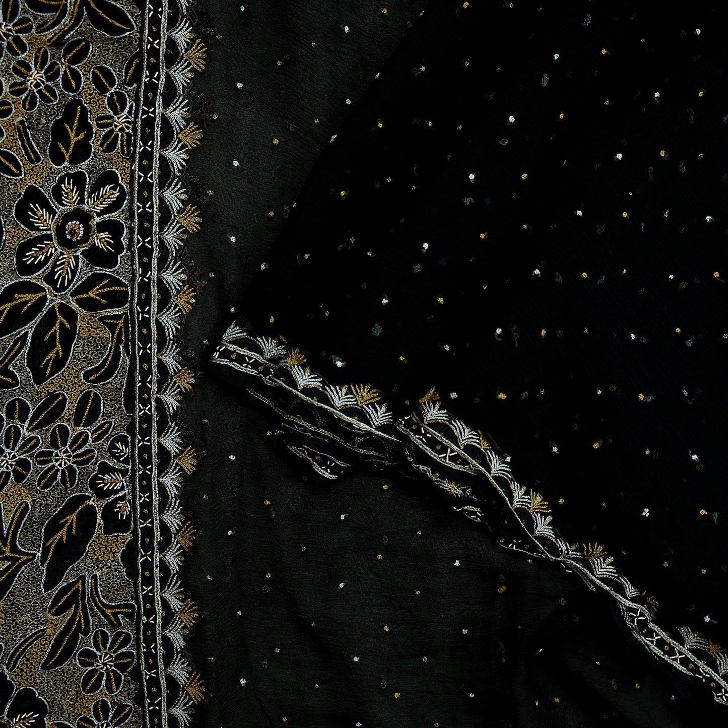 Indian Vintage Black Dupatta Pure Chiffon silk Long Stole Hand Embroidered Scarves Floral Design Stole Veil Wrap Zari Zardozi