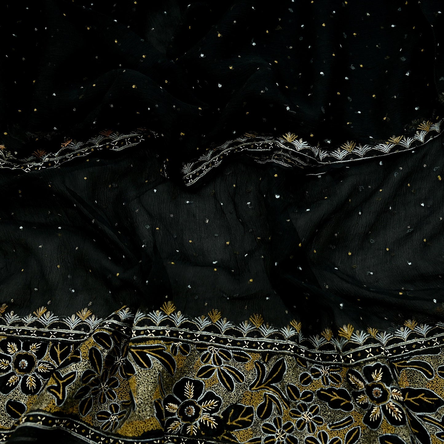 Indian Vintage Black Dupatta Pure Chiffon silk Long Stole Hand Embroidered Scarves Floral Design Stole Veil Wrap Zari Zardozi