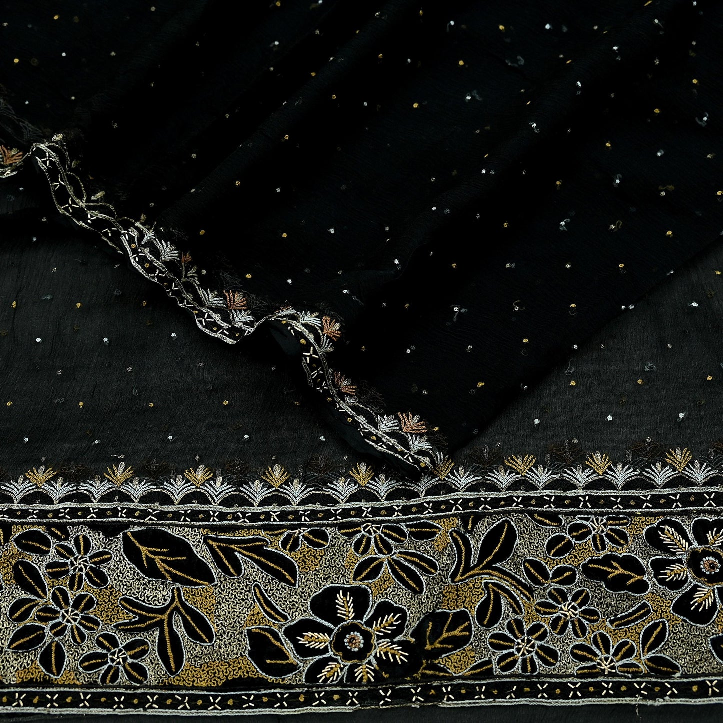 Indian Vintage Black Dupatta Pure Chiffon silk Long Stole Hand Embroidered Scarves Floral Design Stole Veil Wrap Zari Zardozi