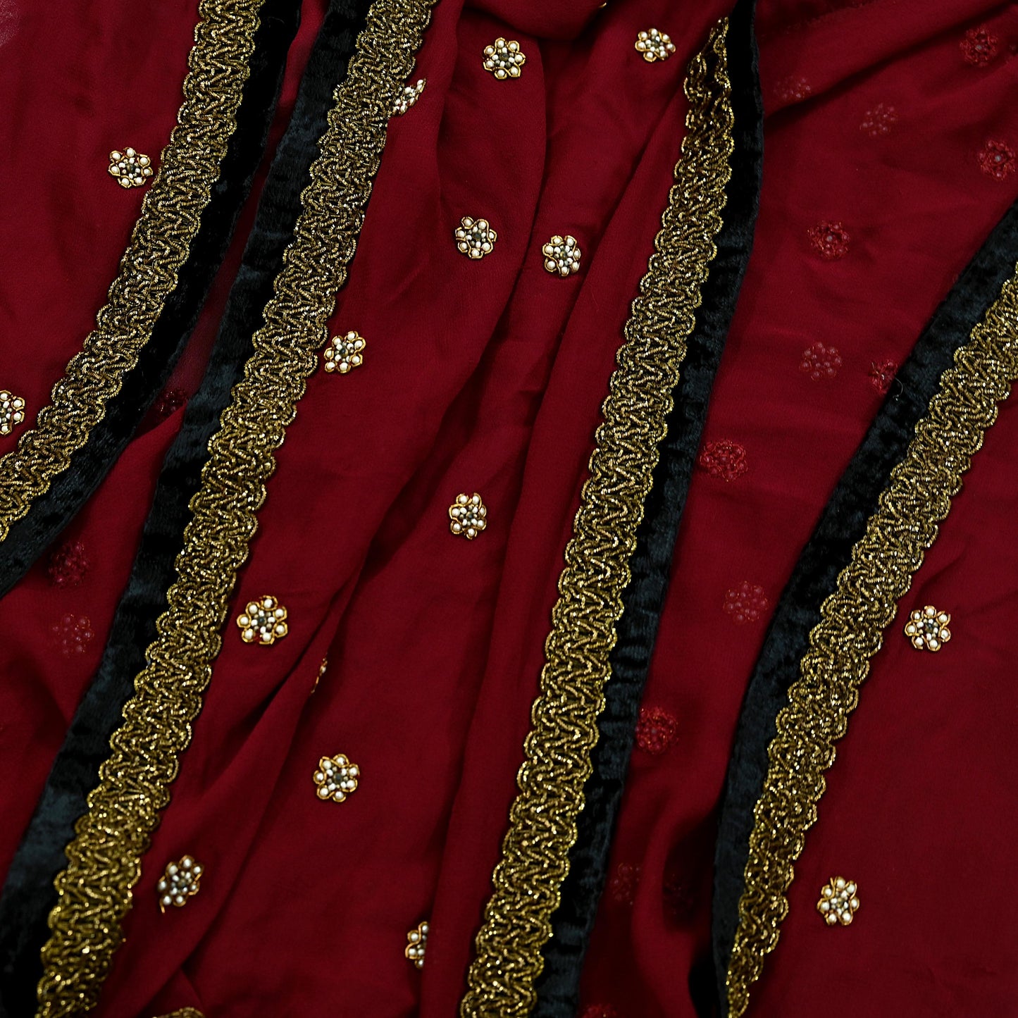 Indian Vintage Maroon Dupatta Pure Georgette silk Long Stole Hand Embroidered Scarves Stole Veil Wrap Sequins Zardozi
