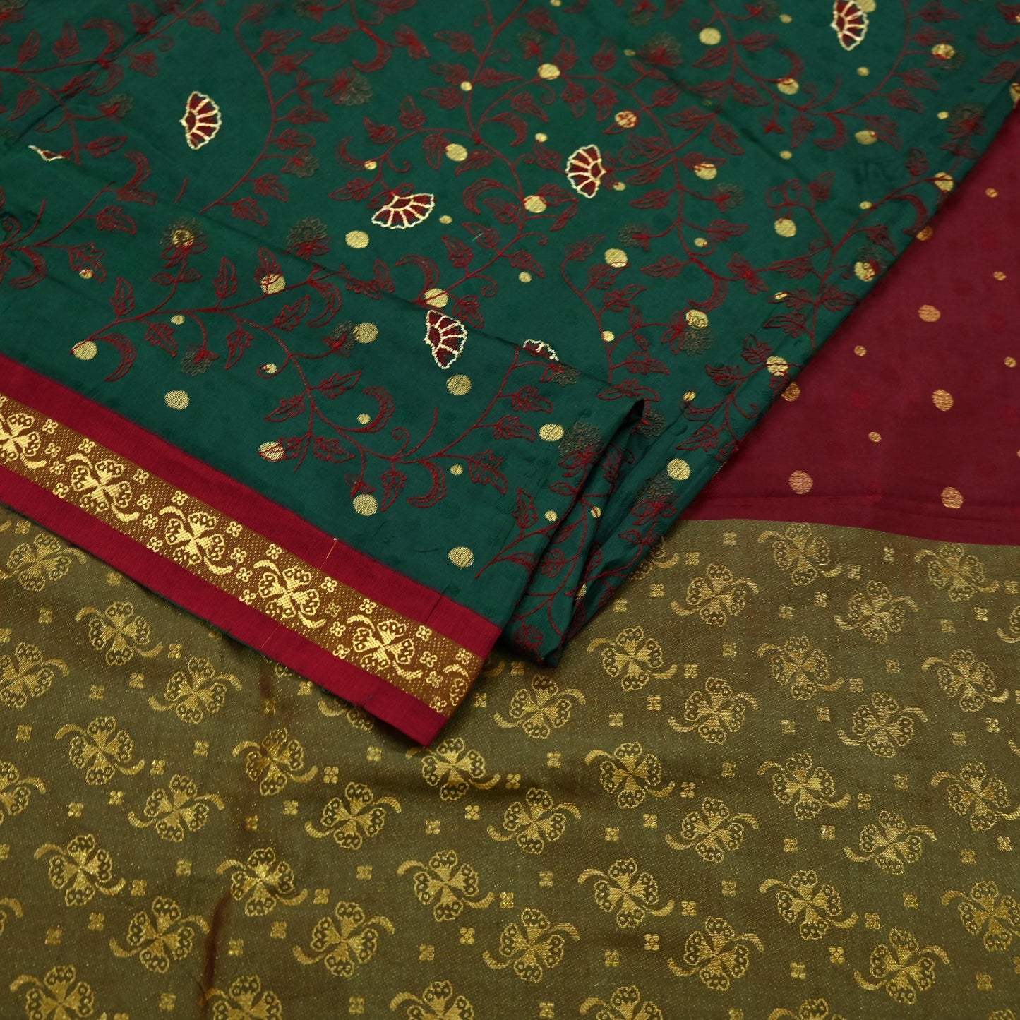 Indian Vintage Heavy Green & maroon Kanjivaram Saree 100% Pure Silk Sari Metallic Golden Zari 5Yd Floral Crafting Dress making