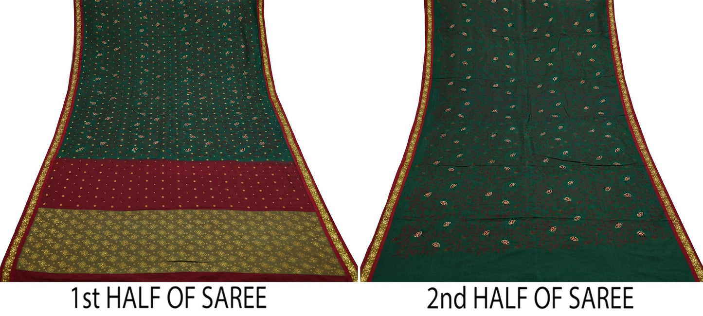 Indian Vintage Heavy Green & maroon Kanjivaram Saree 100% Pure Silk Sari Metallic Golden Zari 5Yd Floral Crafting Dress making