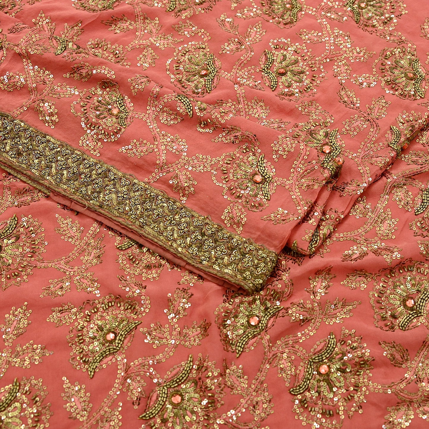 Indian Vintage Heavy Sarees Peach Pure Georgette Silk Hand Embroidered Sari Fabric 5Yd Sewing Ethnic Zardozi/dabka zari Wedding sarees