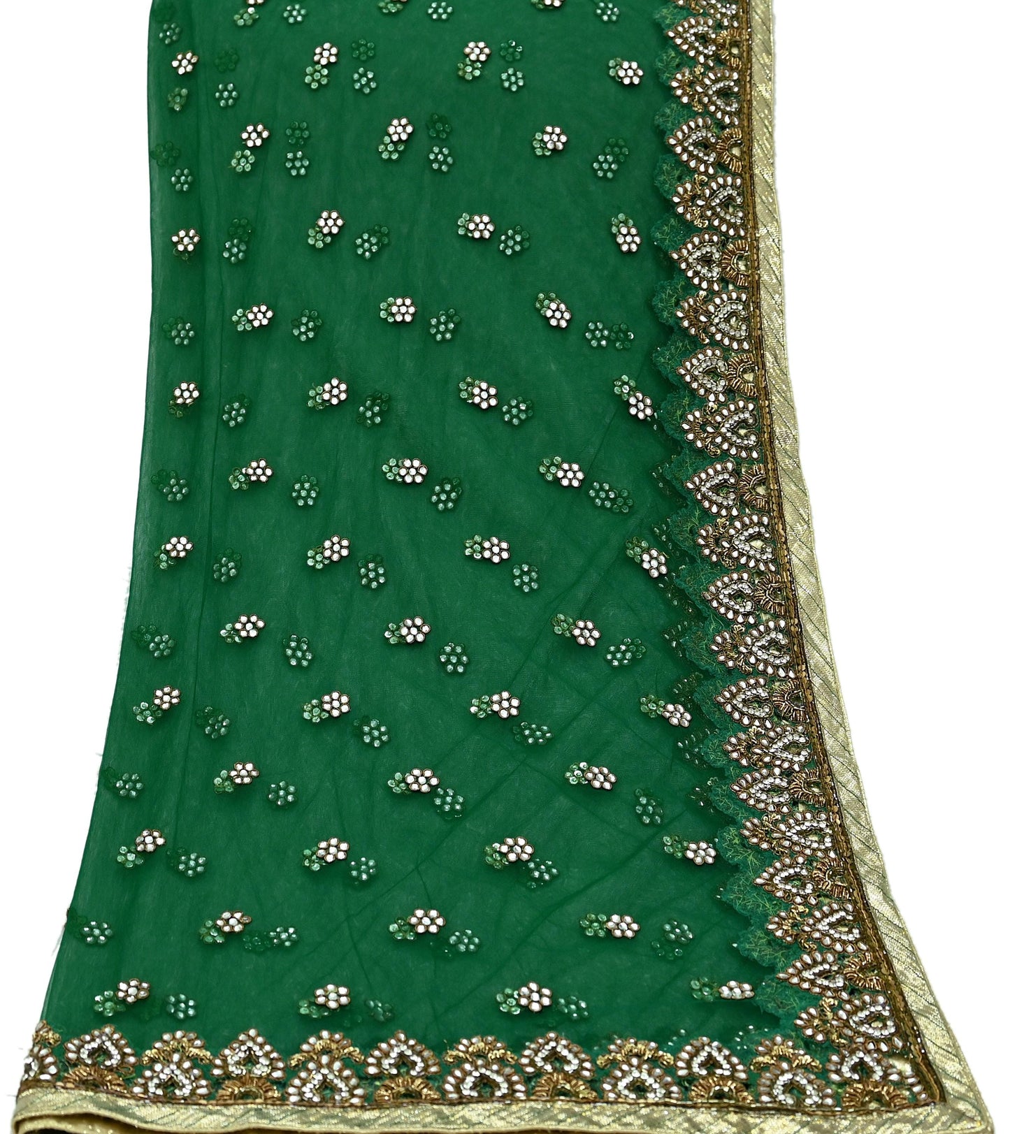 Indian Vintage Heavy Bridal Dupatta Green Net Mesh Long Stole Hand Embroidered Scarf Zardozi Zari Sequins Wedding/Party wear hijab veil