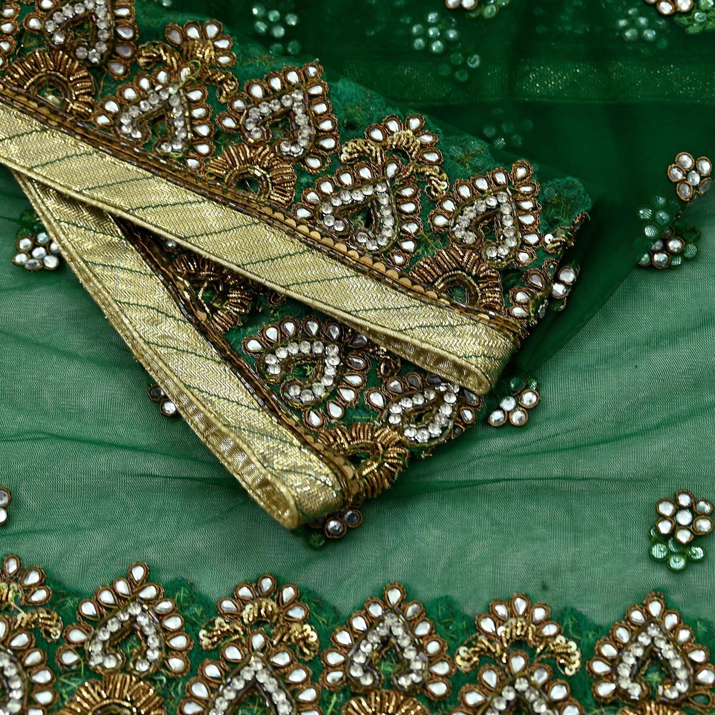 Indian Vintage Heavy Bridal Dupatta Green Net Mesh Long Stole Hand Embroidered Scarf Zardozi Zari Sequins Wedding/Party wear hijab veil