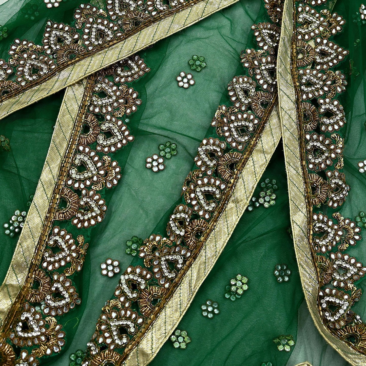 Indian Vintage Heavy Bridal Dupatta Green Net Mesh Long Stole Hand Embroidered Scarf Zardozi Zari Sequins Wedding/Party wear hijab veil