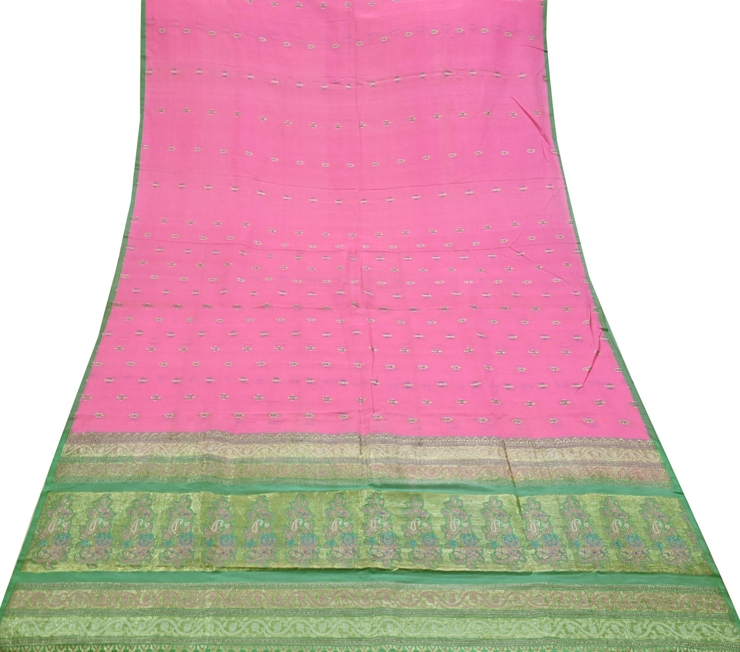 Indian Vintage Sari Green & Pink Hand Woven Banarasi Sarees 100% Pure Silk Zari 5Yd Craft Fabric Sewing Dress making Quilting Crafting