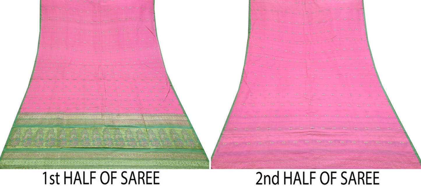 Indian Vintage Sari Green & Pink Hand Woven Banarasi Sarees 100% Pure Silk Zari 5Yd Craft Fabric Sewing Dress making Quilting Crafting