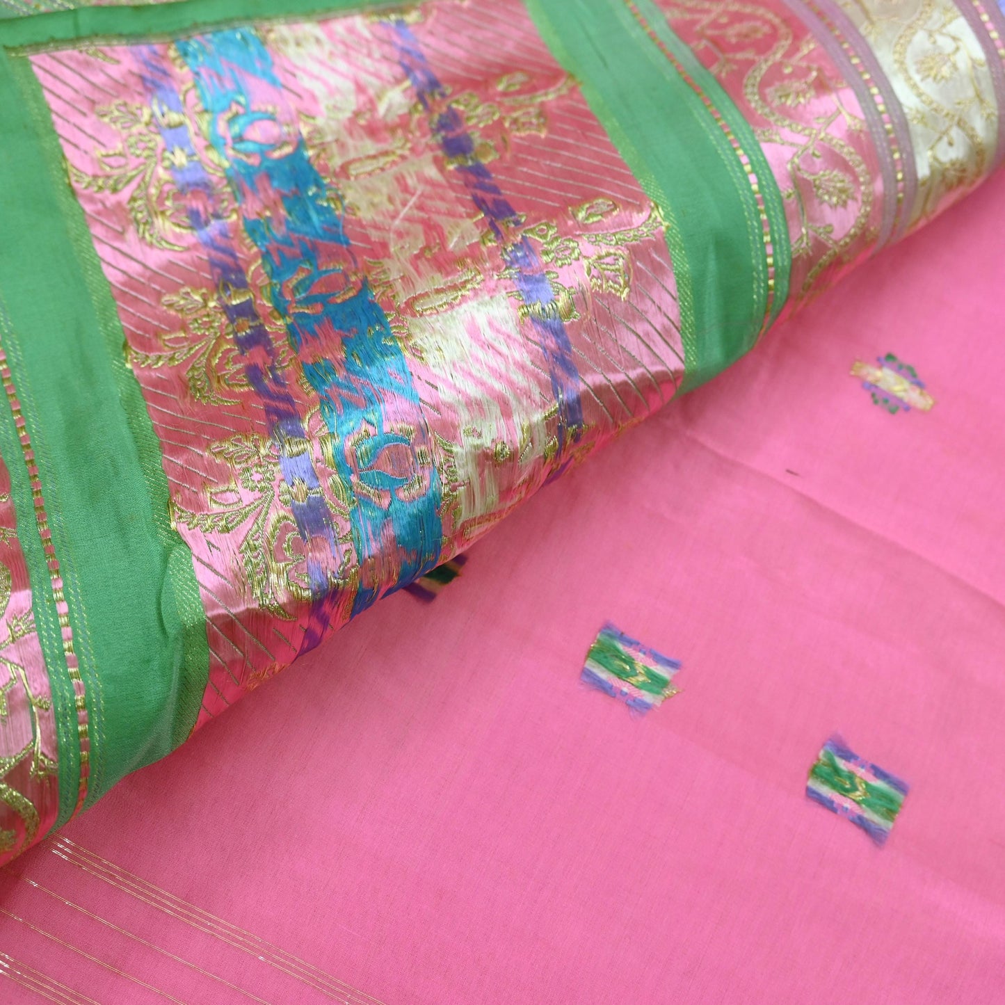 Indian Vintage Sari Green & Pink Hand Woven Banarasi Sarees 100% Pure Silk Zari 5Yd Craft Fabric Sewing Dress making Quilting Crafting