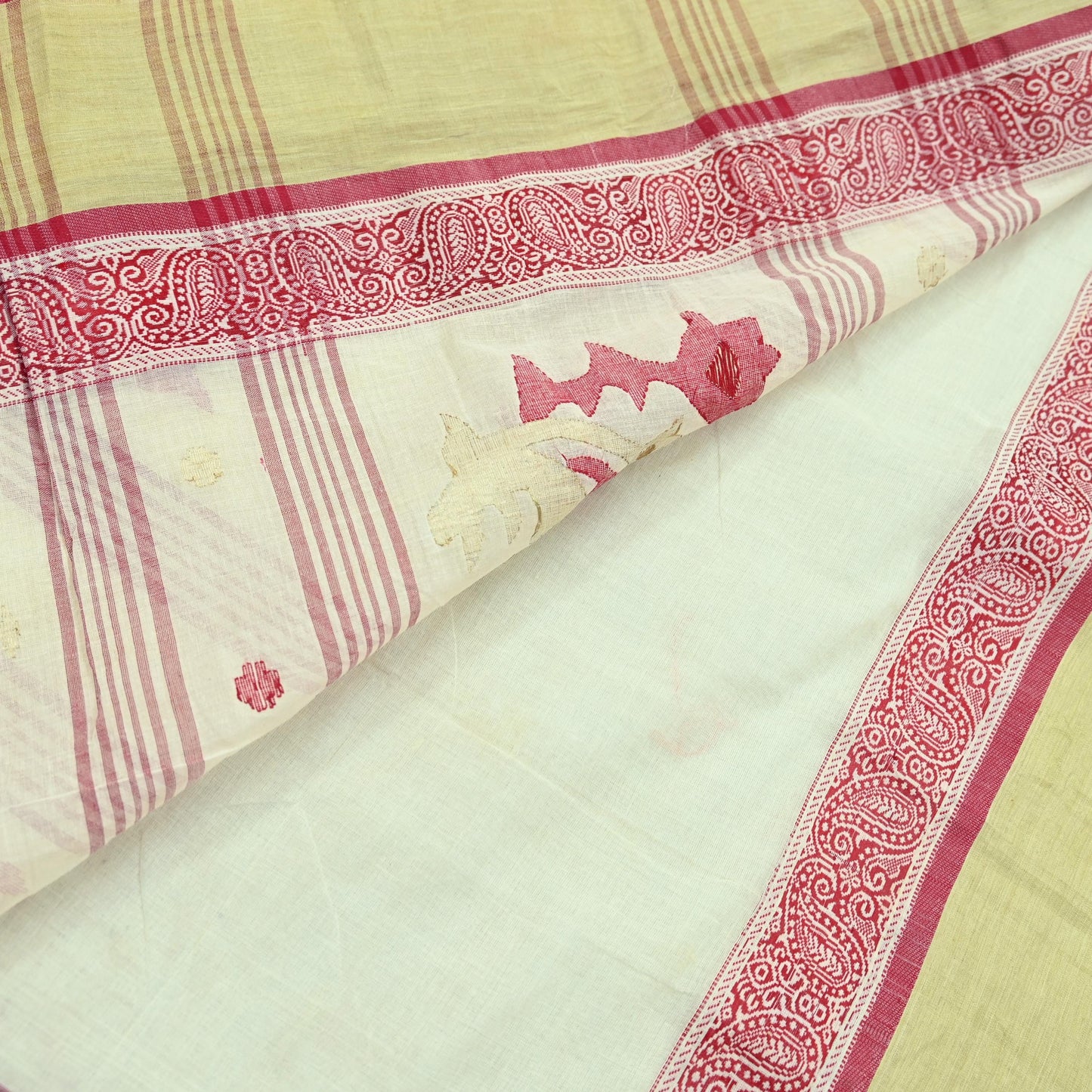 Indian Vintage Sari Ivory Pure Cotton Bengali Handloom Tant Sarees Craft Fabric 5Yd Sewing Soft Crafting Dress making Upcycle Quilting