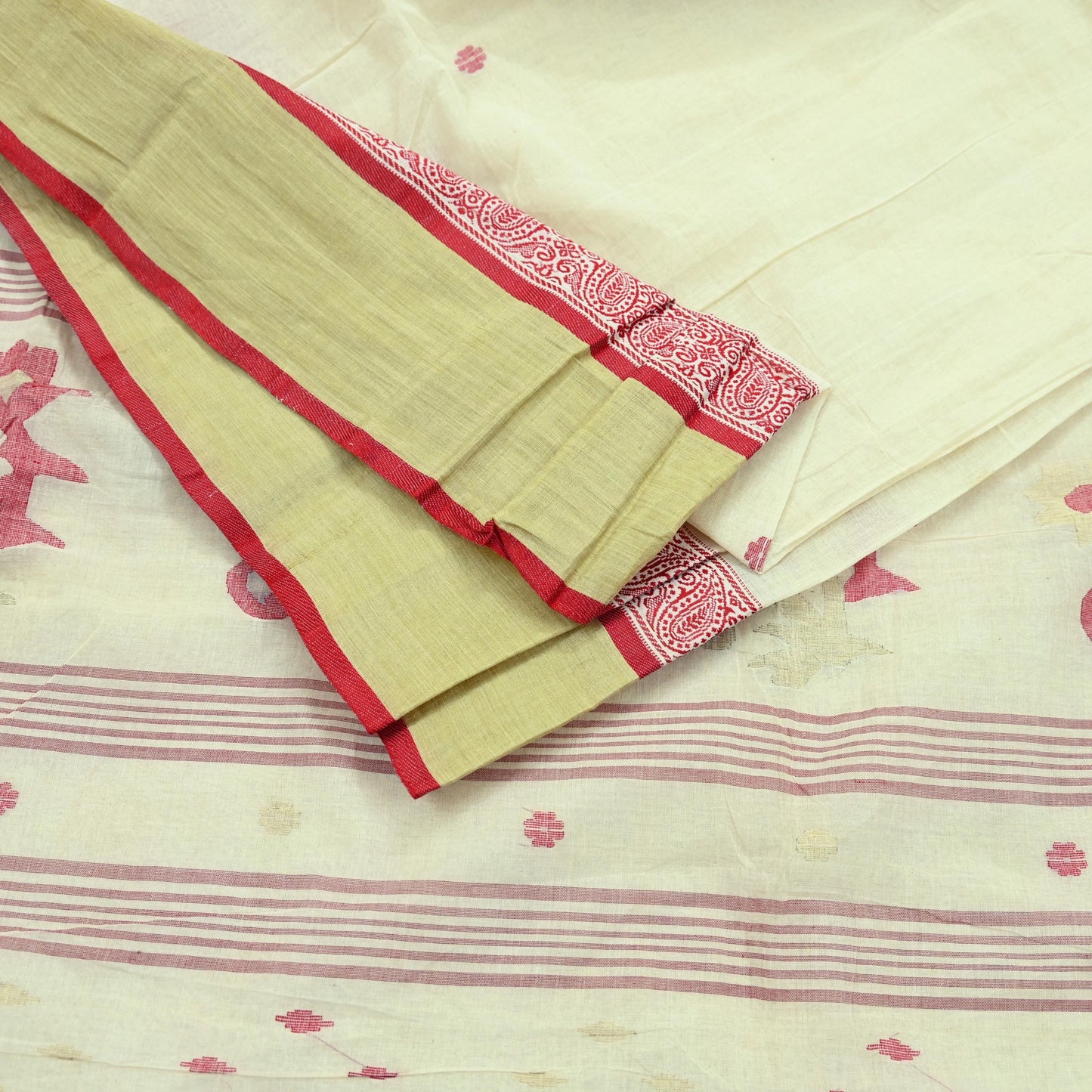 Indian Vintage Sari Ivory Pure Cotton Bengali Handloom Tant Sarees Craft Fabric 5Yd Sewing Soft Crafting Dress making Upcycle Quilting