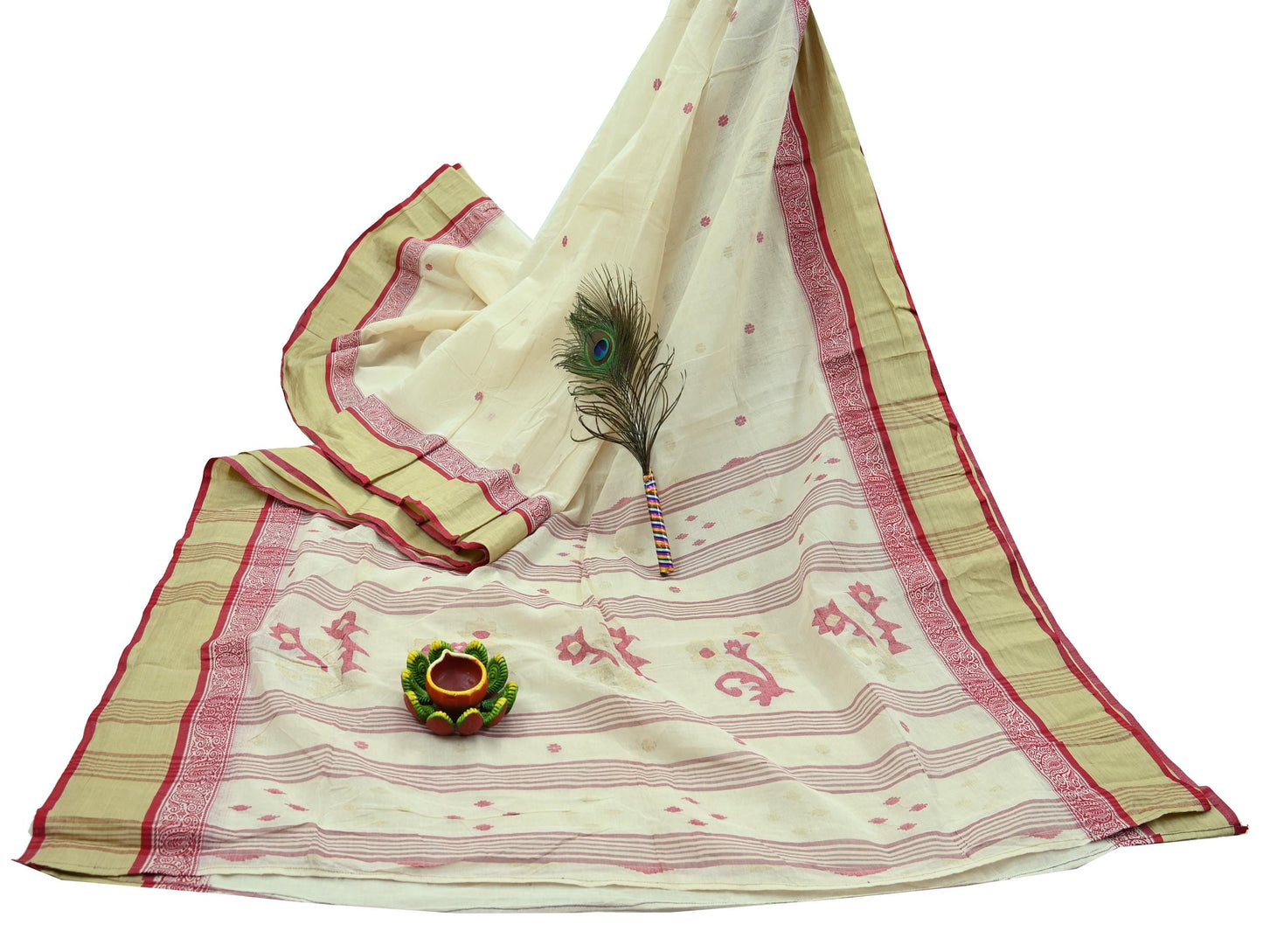 Indian Vintage Sari Ivory Pure Cotton Bengali Handloom Tant Sarees Craft Fabric 5Yd Sewing Soft Crafting Dress making Upcycle Quilting