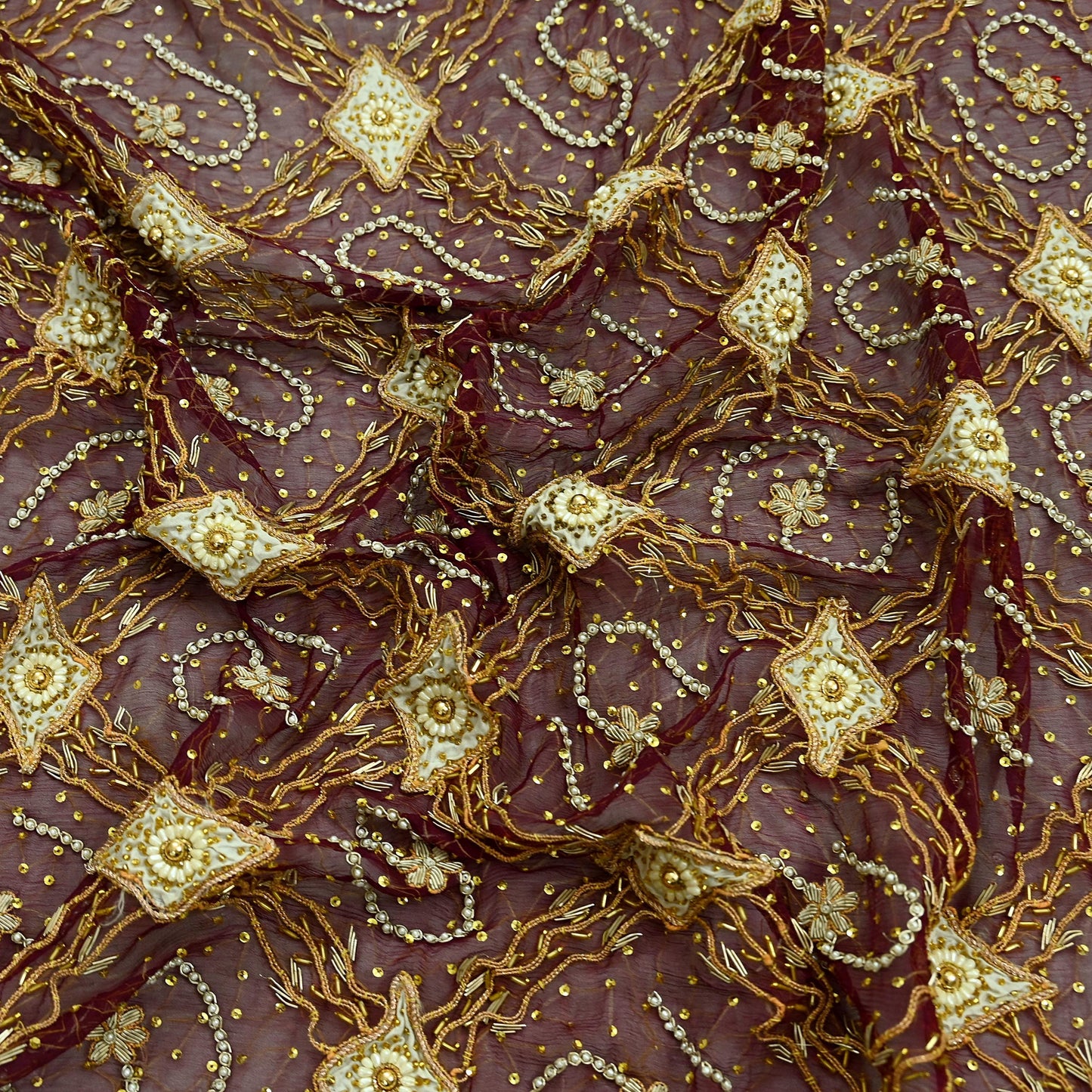Indian Vintage Heavy Bridal Wine Dupatta Pure Chiffon Silk Long Stole Hand Embroidered Scarf Zardozi/Dabka Zari Sequins Wedding Veil Hijab