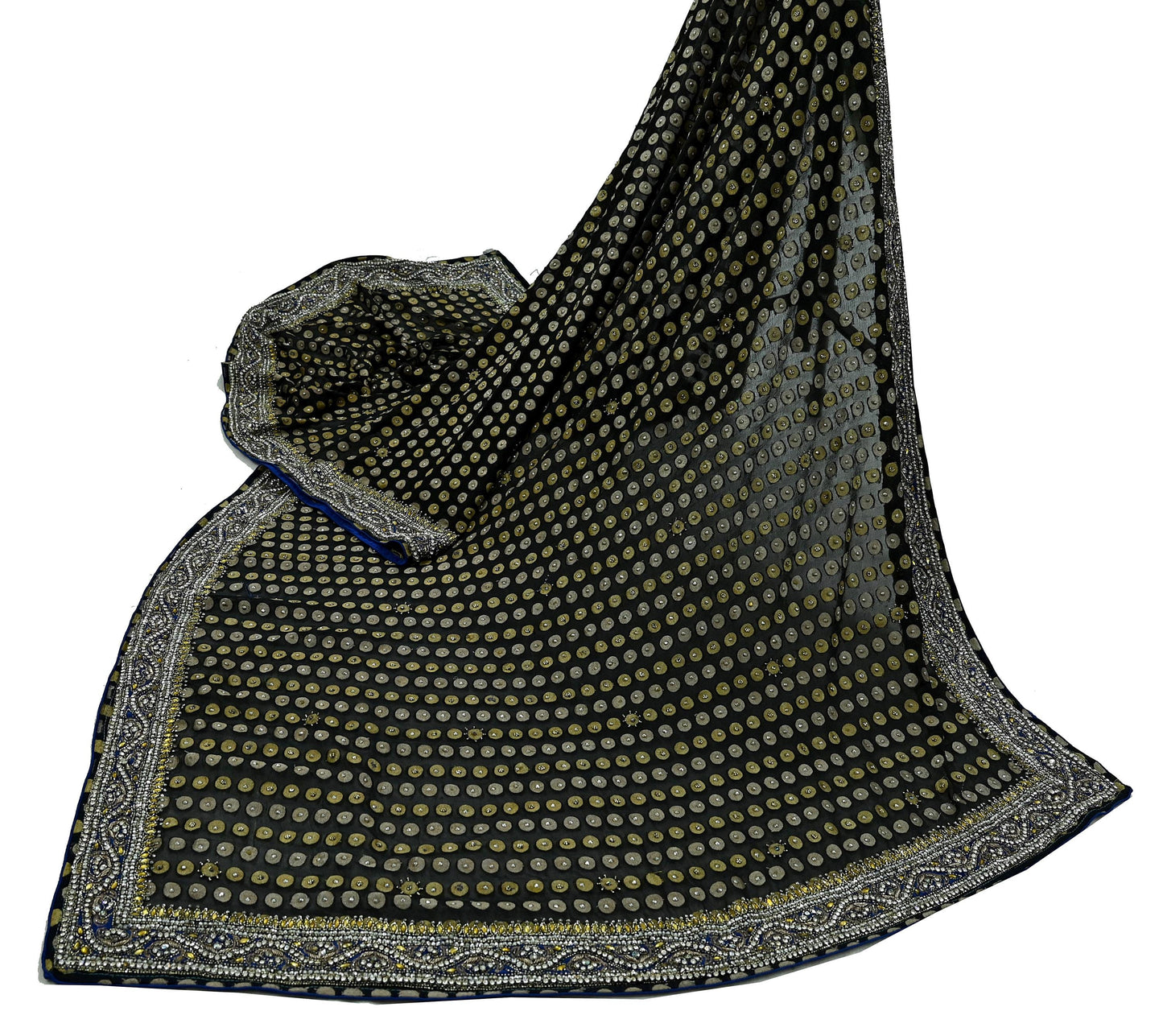 Indian Vintage Heavy Black Dupatta Pure Georgette Silk Long Stole Hand Embroidered Scarves Scarf Zari Zardozi Bridal/Wedding Veil