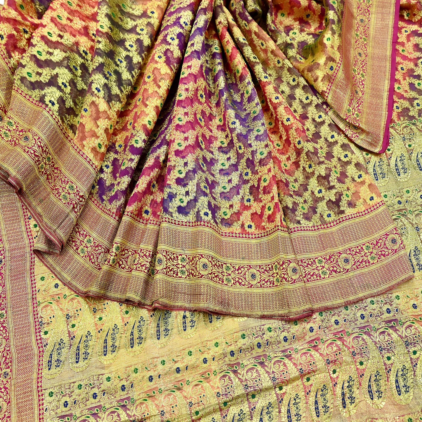 Indian Vintage Sari Heavy Multi Pure Organza Silk Woven Brocade Banarasi Sarees Zari 5Yd Ethnic Fabric Dress Making Wedding Sarees