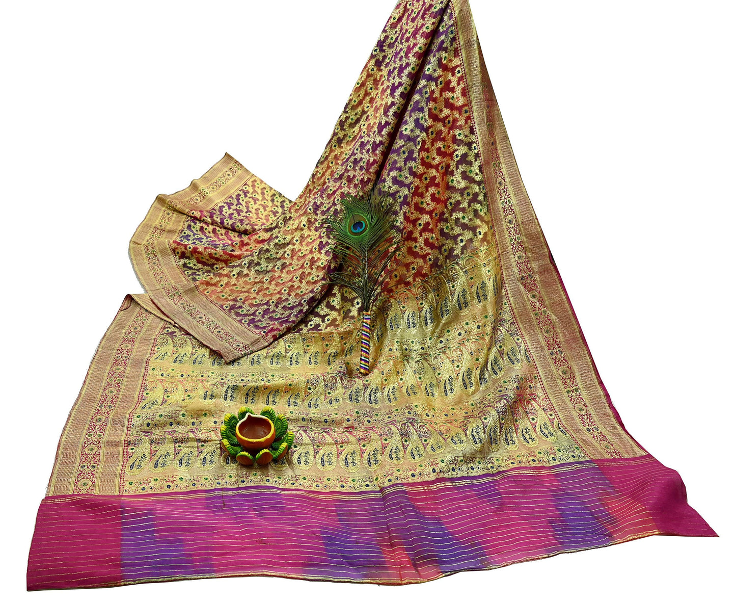 Indian Vintage Sari Heavy Multi Pure Organza Silk Woven Brocade Banarasi Sarees Zari 5Yd Ethnic Fabric Dress Making Wedding Sarees