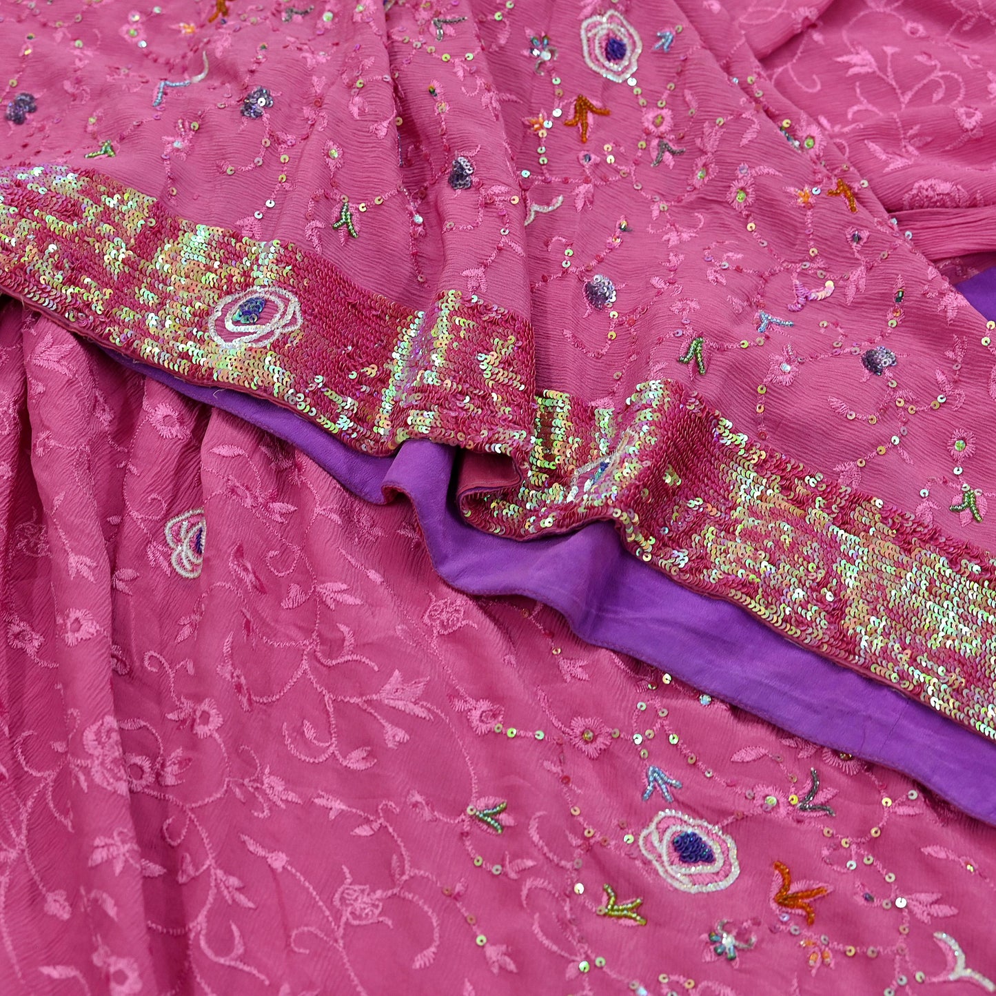 Indian Vintage Pink Saree Pure Crepe Silk Hand Embroidered Sari Fabric 5Yd Sewing Soft Zardozi/Dabka Dress Making Bollywood Party Sarees