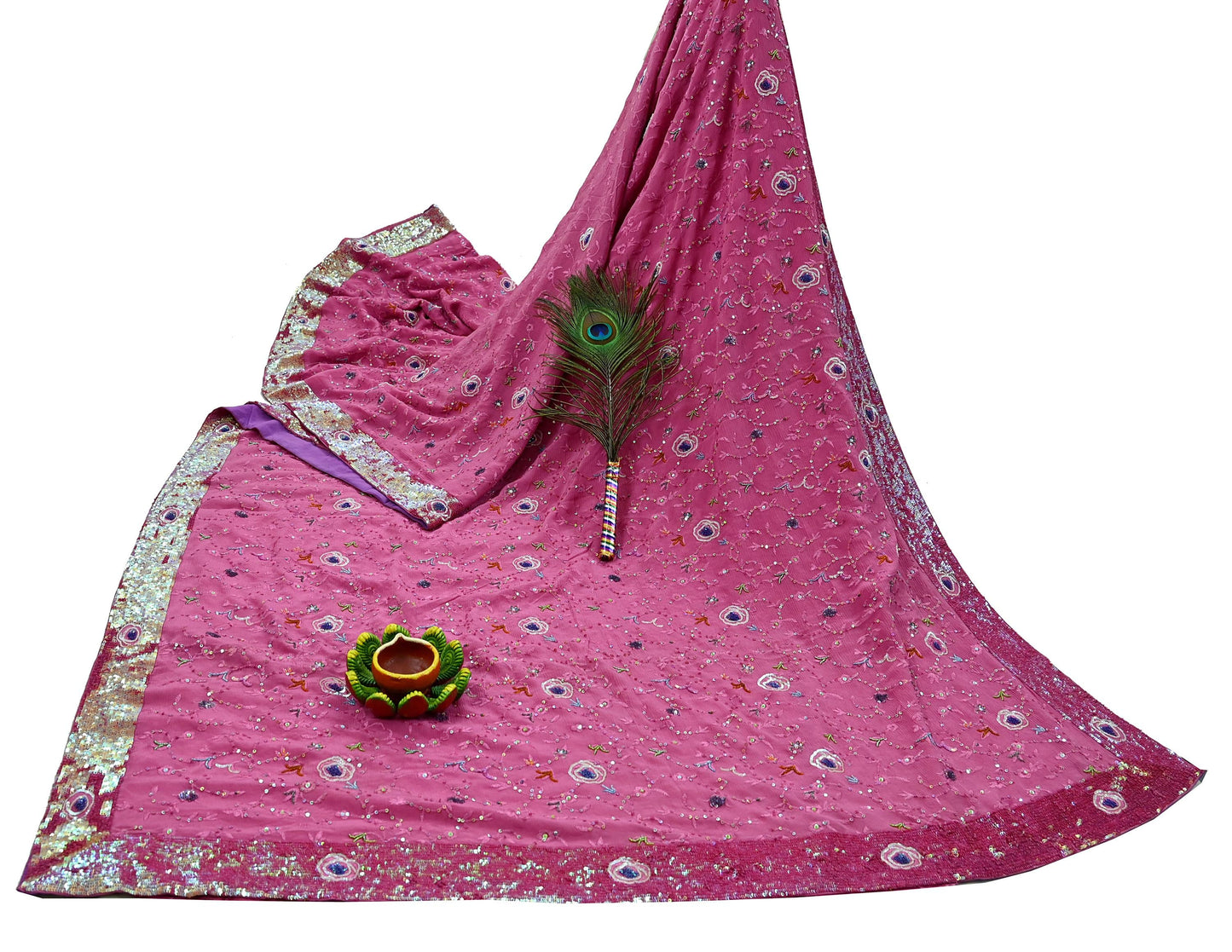 Indian Vintage Pink Saree Pure Crepe Silk Hand Embroidered Sari Fabric 5Yd Sewing Soft Zardozi/Dabka Dress Making Bollywood Party Sarees