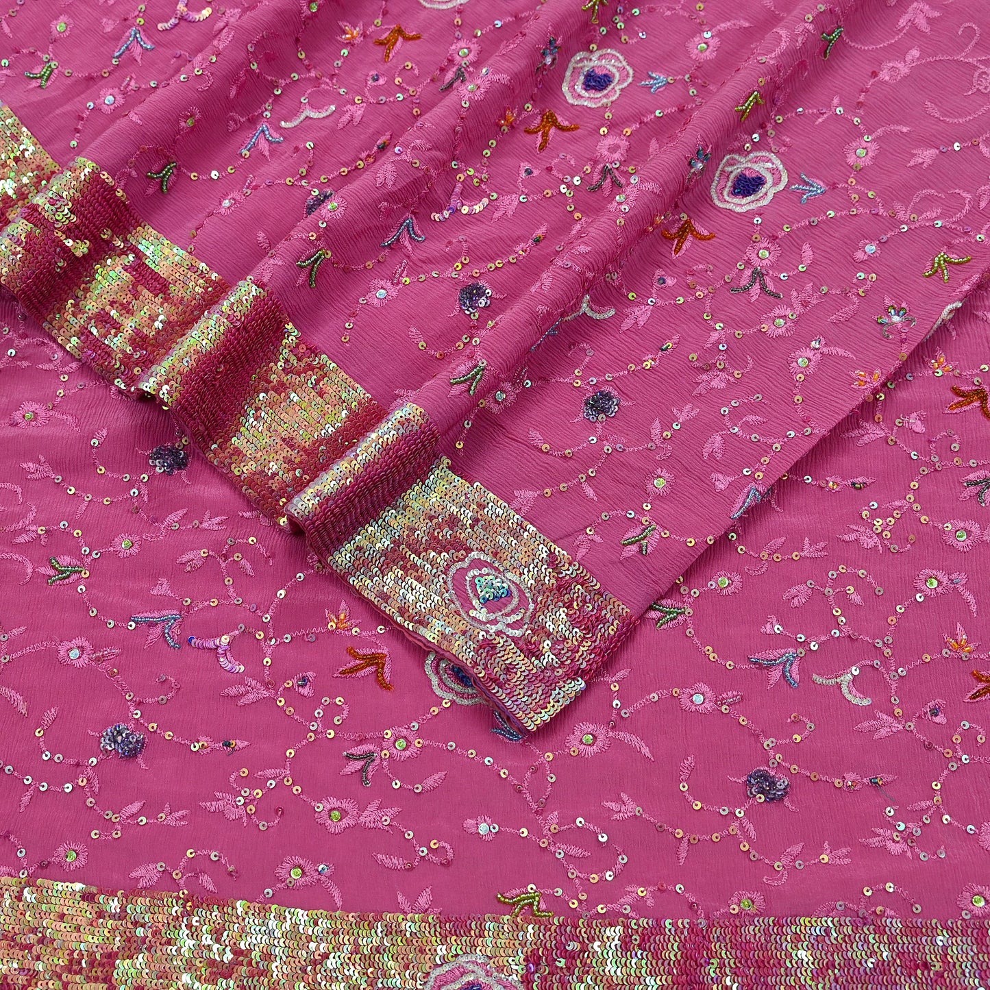Indian Vintage Pink Saree Pure Crepe Silk Hand Embroidered Sari Fabric 5Yd Sewing Soft Zardozi/Dabka Dress Making Bollywood Party Sarees