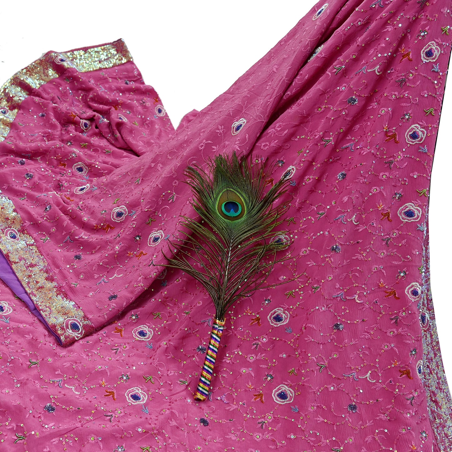 Indian Vintage Pink Saree Pure Crepe Silk Hand Embroidered Sari Fabric 5Yd Sewing Soft Zardozi/Dabka Dress Making Bollywood Party Sarees