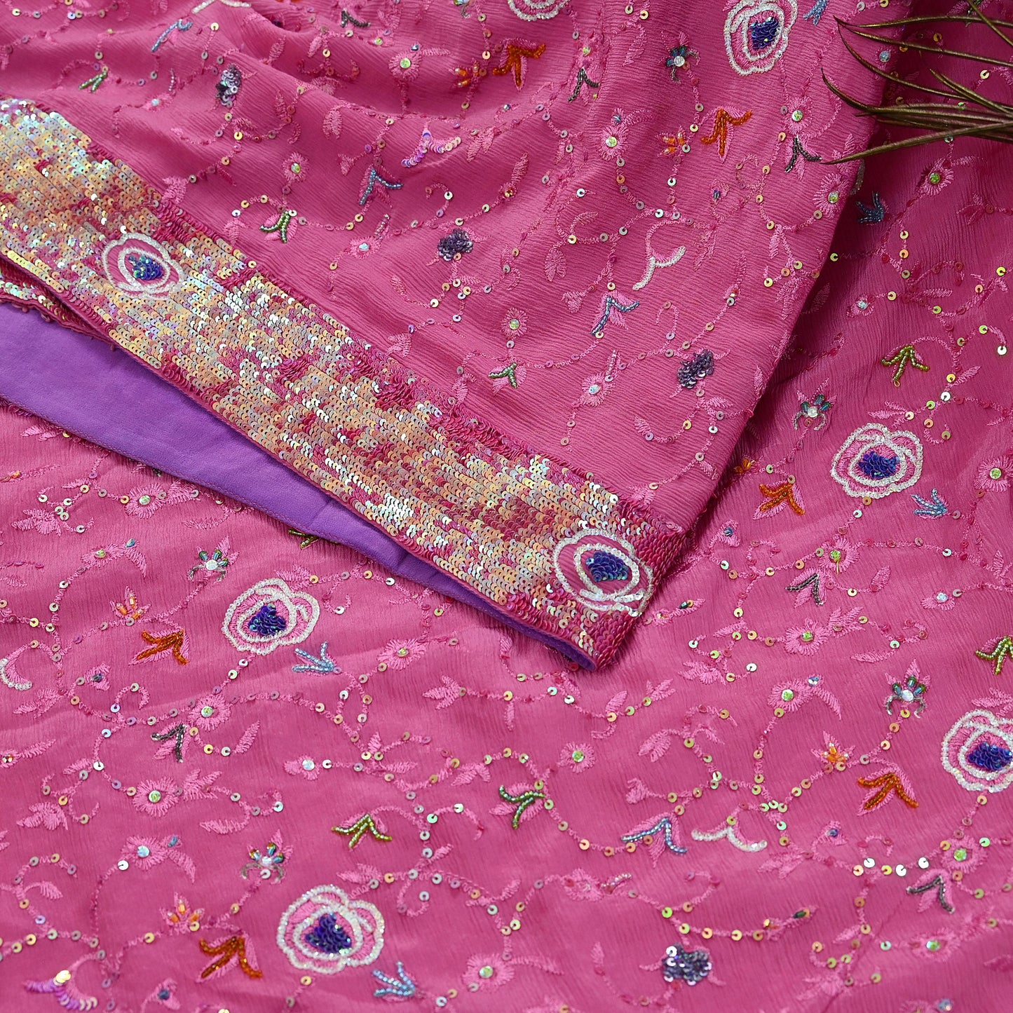 Indian Vintage Pink Saree Pure Crepe Silk Hand Embroidered Sari Fabric 5Yd Sewing Soft Zardozi/Dabka Dress Making Bollywood Party Sarees